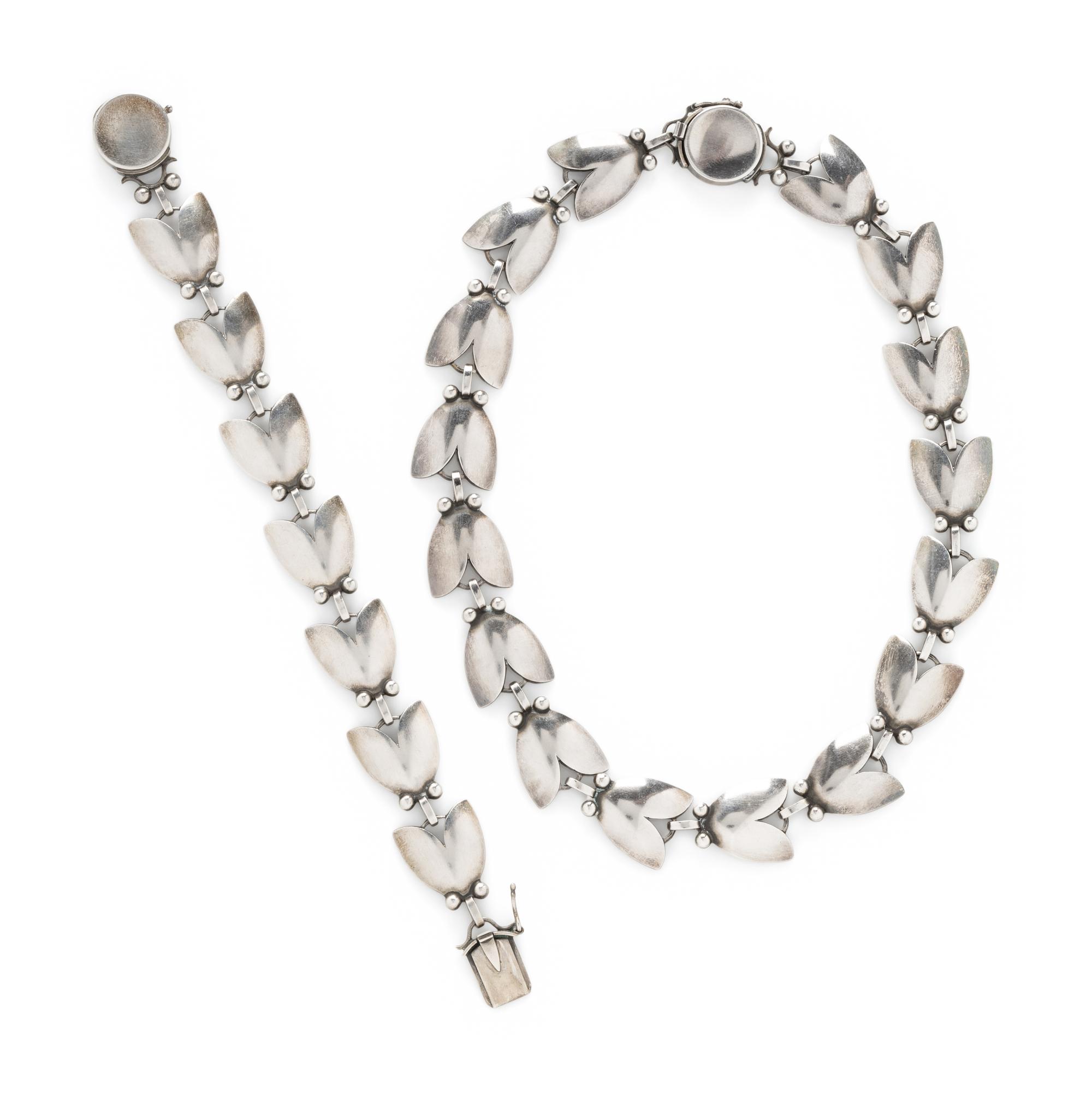 GEORG JENSEN, STERLING SILVER TULIP NECKLACE AND BRACELET