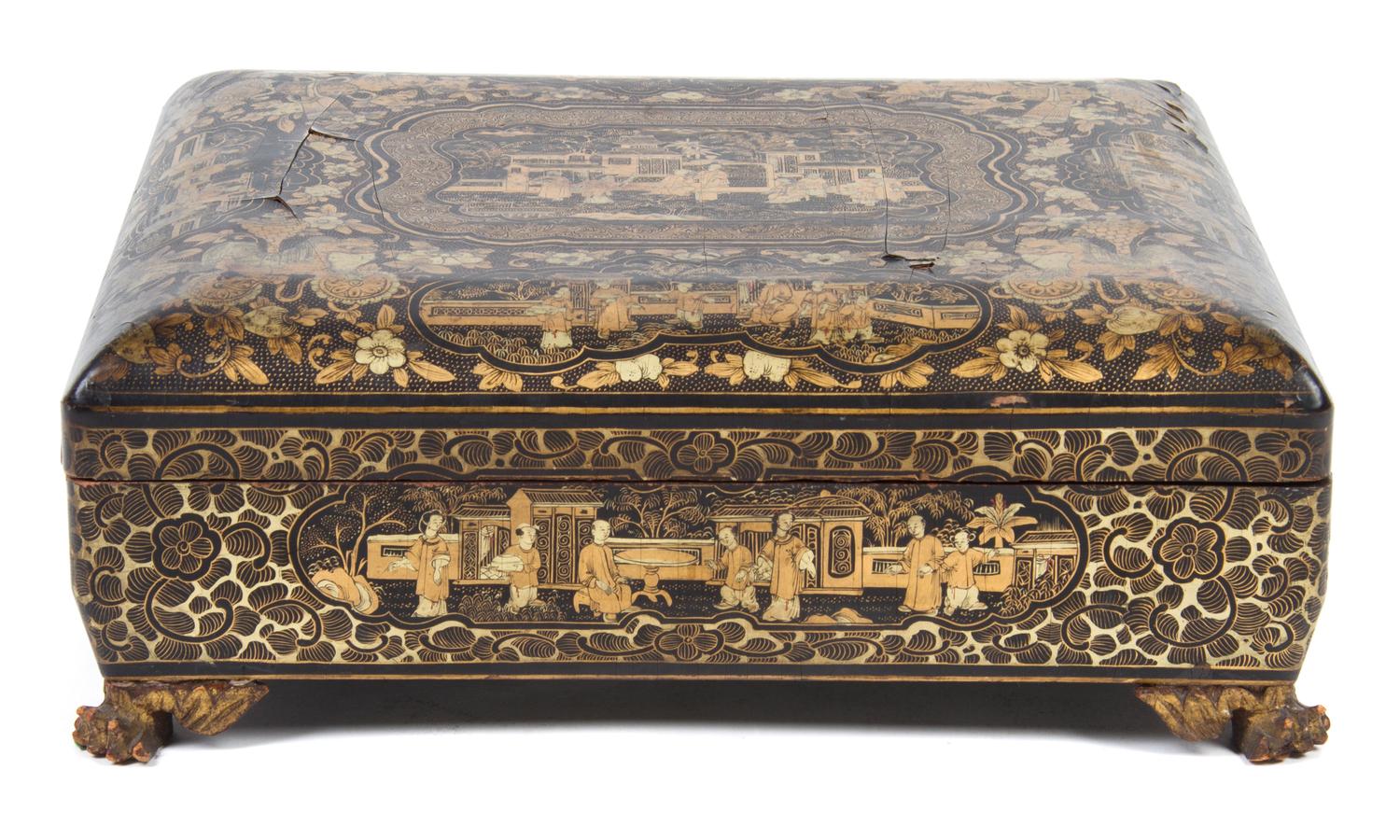 A Chinese Export Lacquered Game Box Height 4 1/2 x width 12 x depth 10 1/2 inches. — EARLY 19TH CENTURY