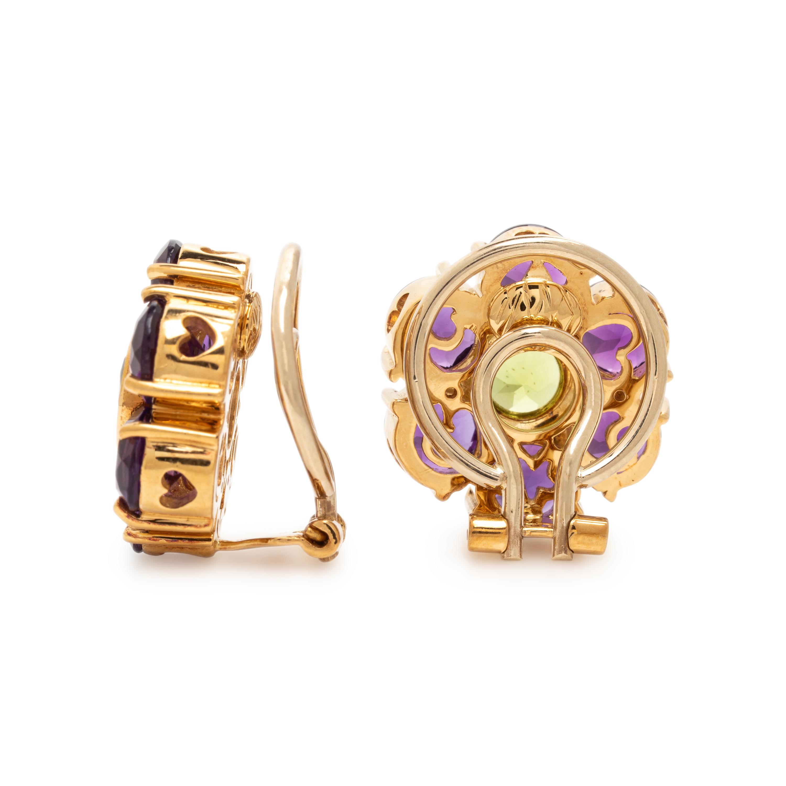 Pasquale Bruni, Amethyst, Peridot, and Yellow Gold Flower Earrings
