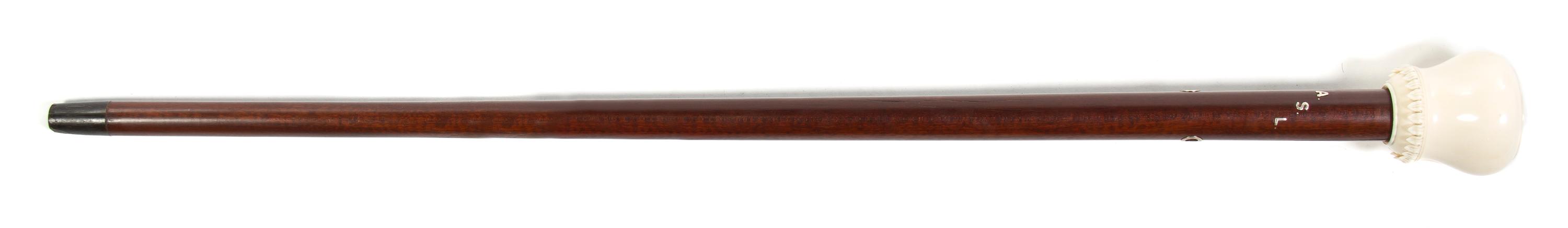 An English Silver and Ivory Mounted Walking Stick, William Hutton & Sons, Height overall 34 x height of handle 2 3/4 inches.