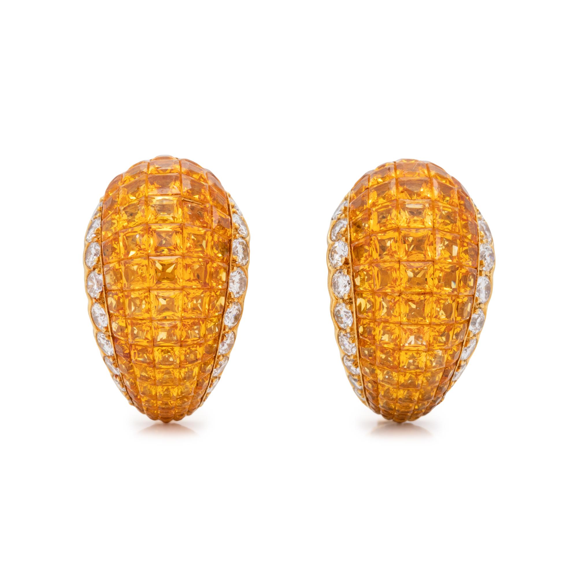 ORANGE SAPPHIRE AND DIAMOND EARCLIPS