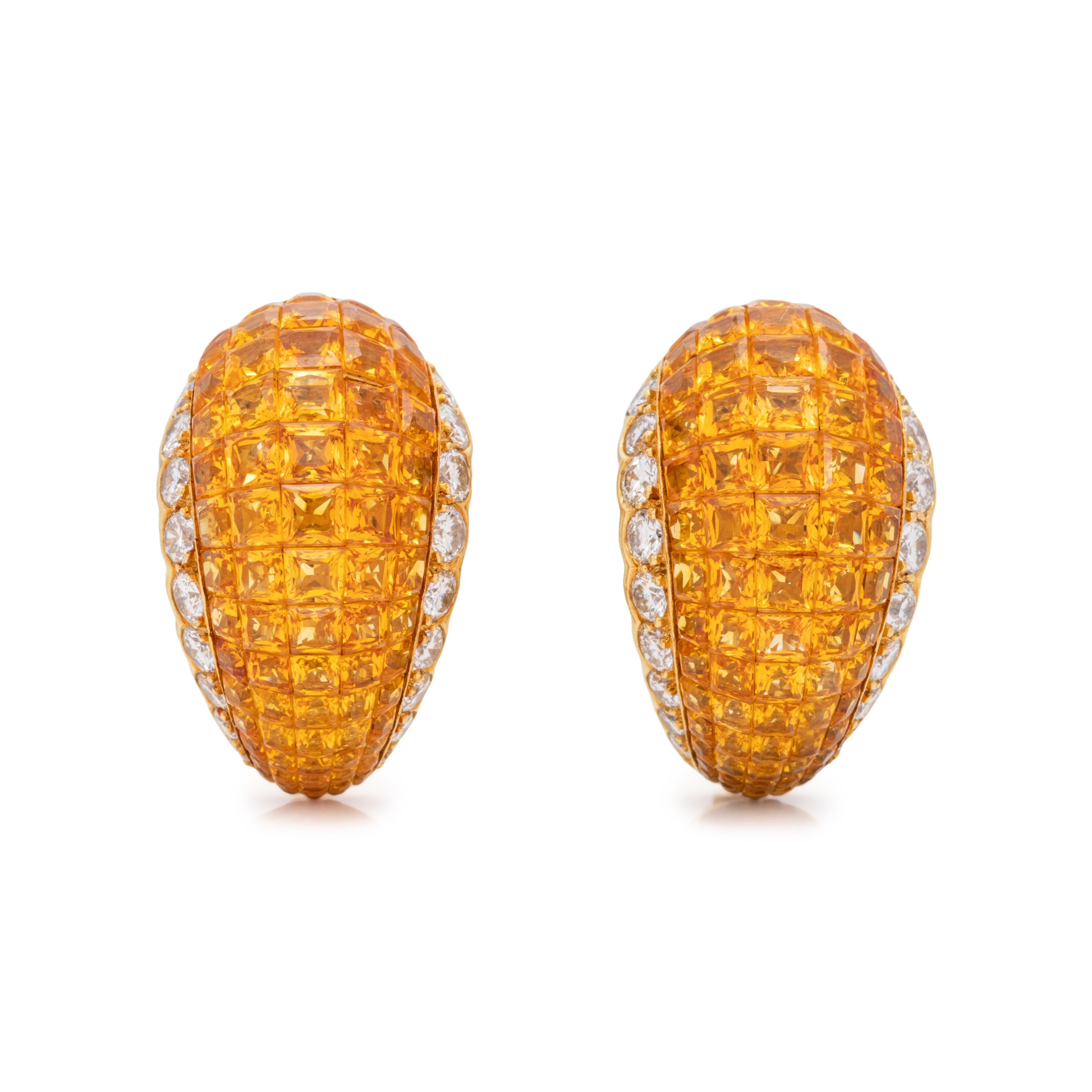 ORANGE SAPPHIRE AND DIAMOND EARCLIPS