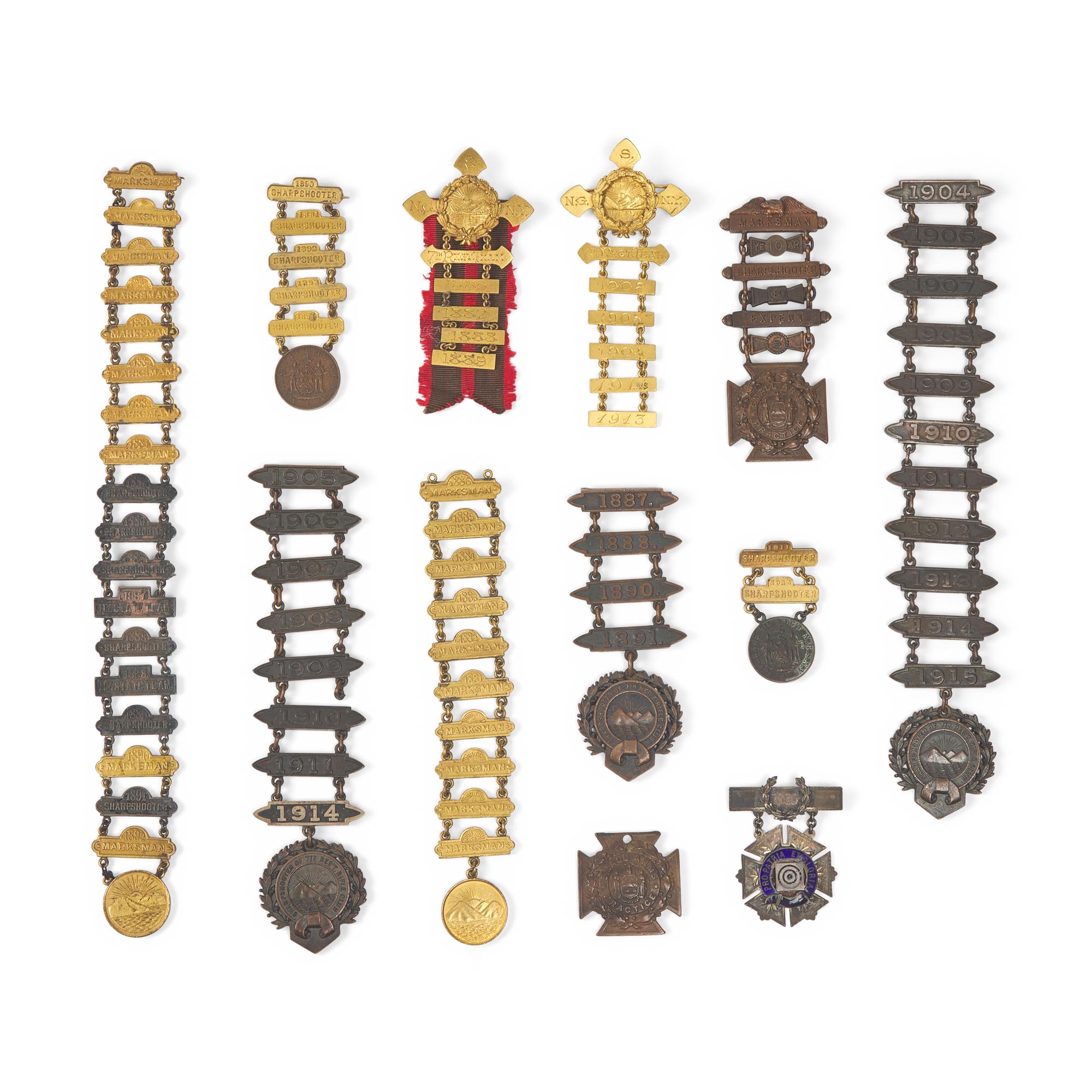 [Militaria] N.Y. National Guard ladder badges and marksman medals including 7th N.Y., some by Tiffany & Co.