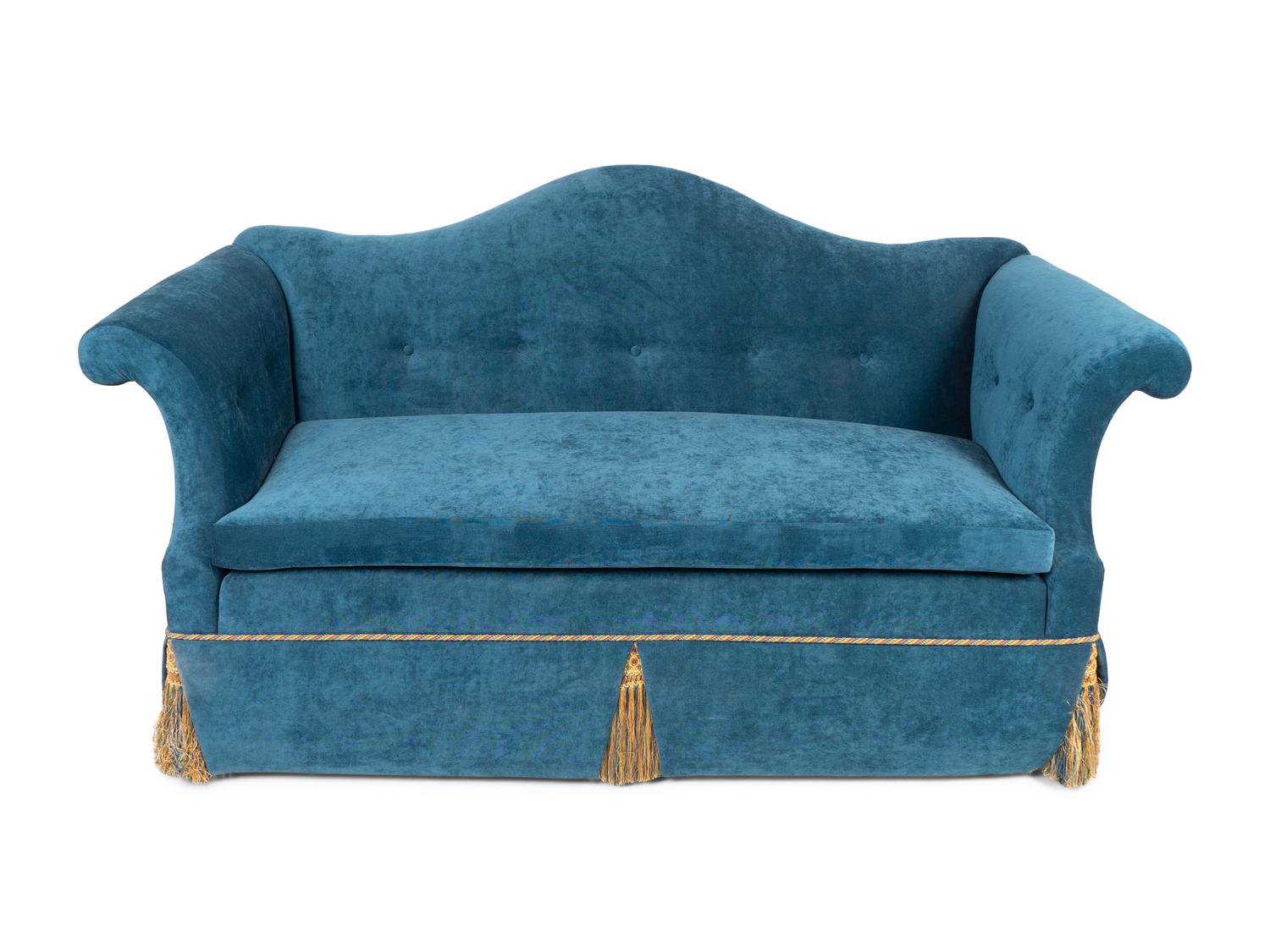 A Camel Back Settee Upholstered in Teal Velvet — 19TH CENTURY