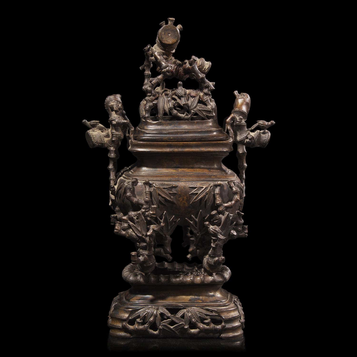 A Small Chinese Bronze 'Bamboo and Birds' Covered Censer, 19th-Early 20th Century 晚清民國 歲寒三友紋銅爐