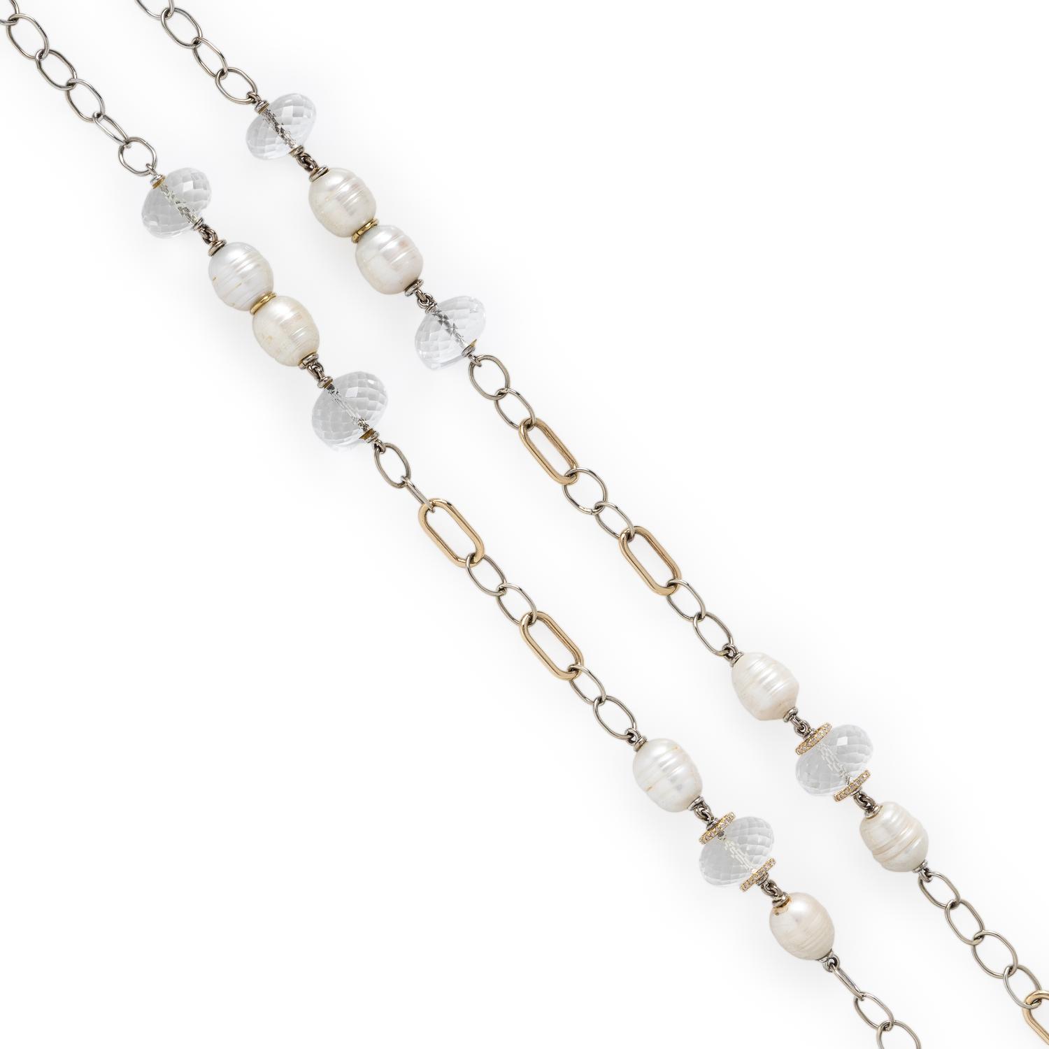 Sazingg, Baroque Cultured Pearl, Rock Crystal Quartz, and Bicolor Gold Chain Necklace
