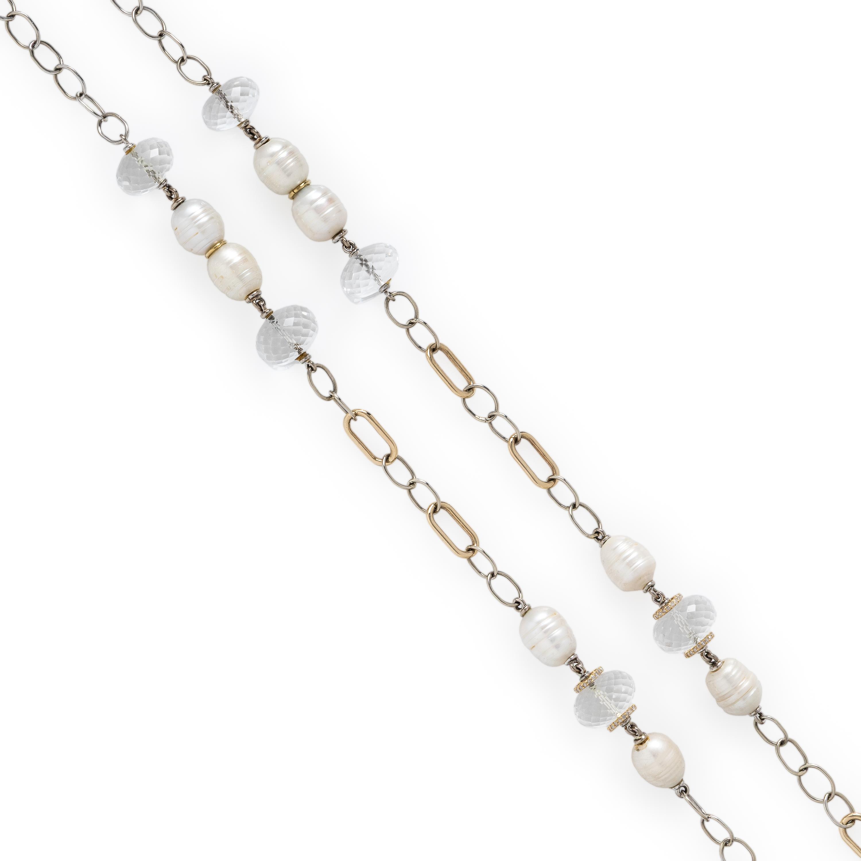 Sazingg, Baroque Cultured Pearl, Rock Crystal Quartz, and Bicolor Gold Chain Necklace
