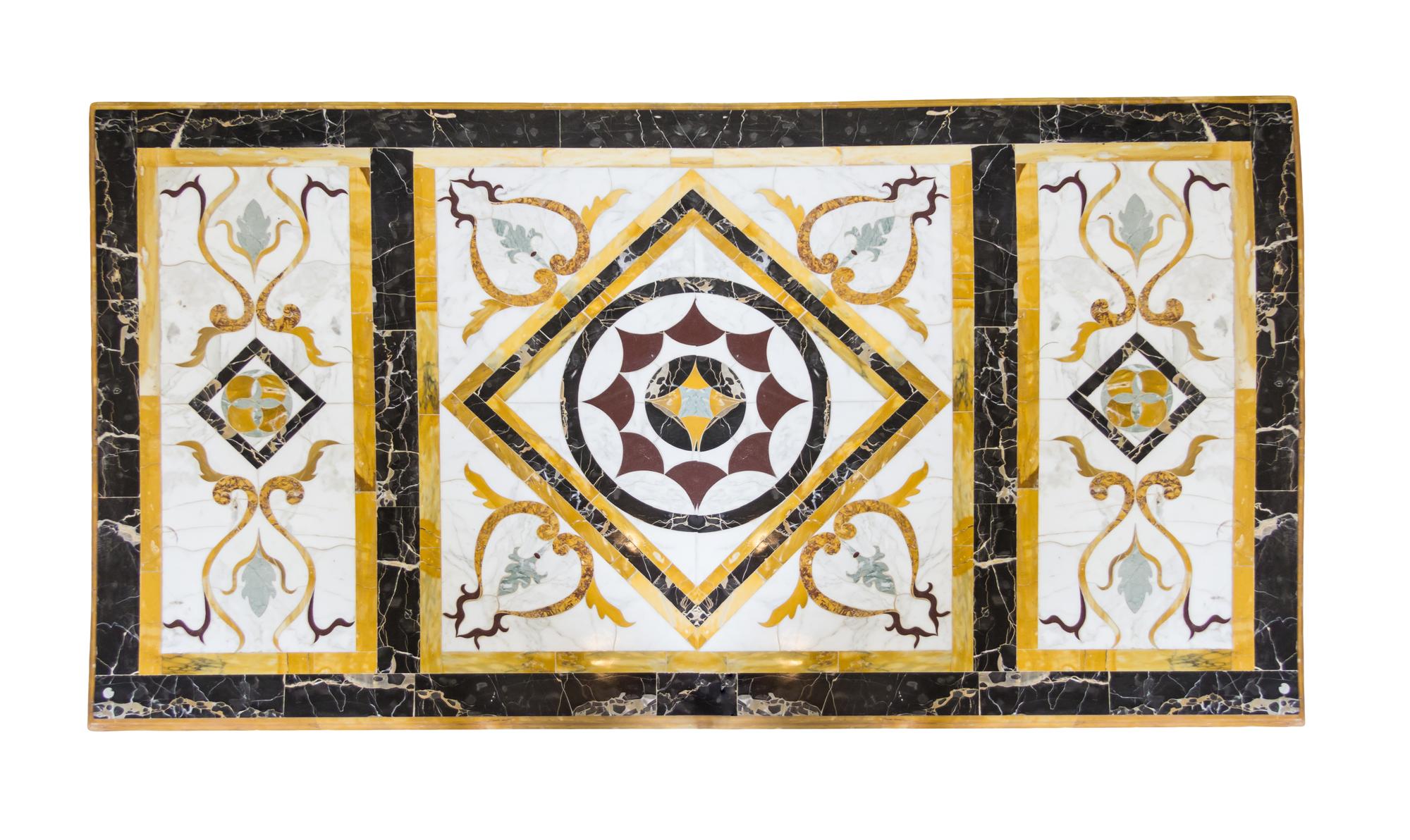 An Italian Pietra Dura Table Top, Height 29 3/4 x width 90 1/4 x depth 49 1/2 inches.