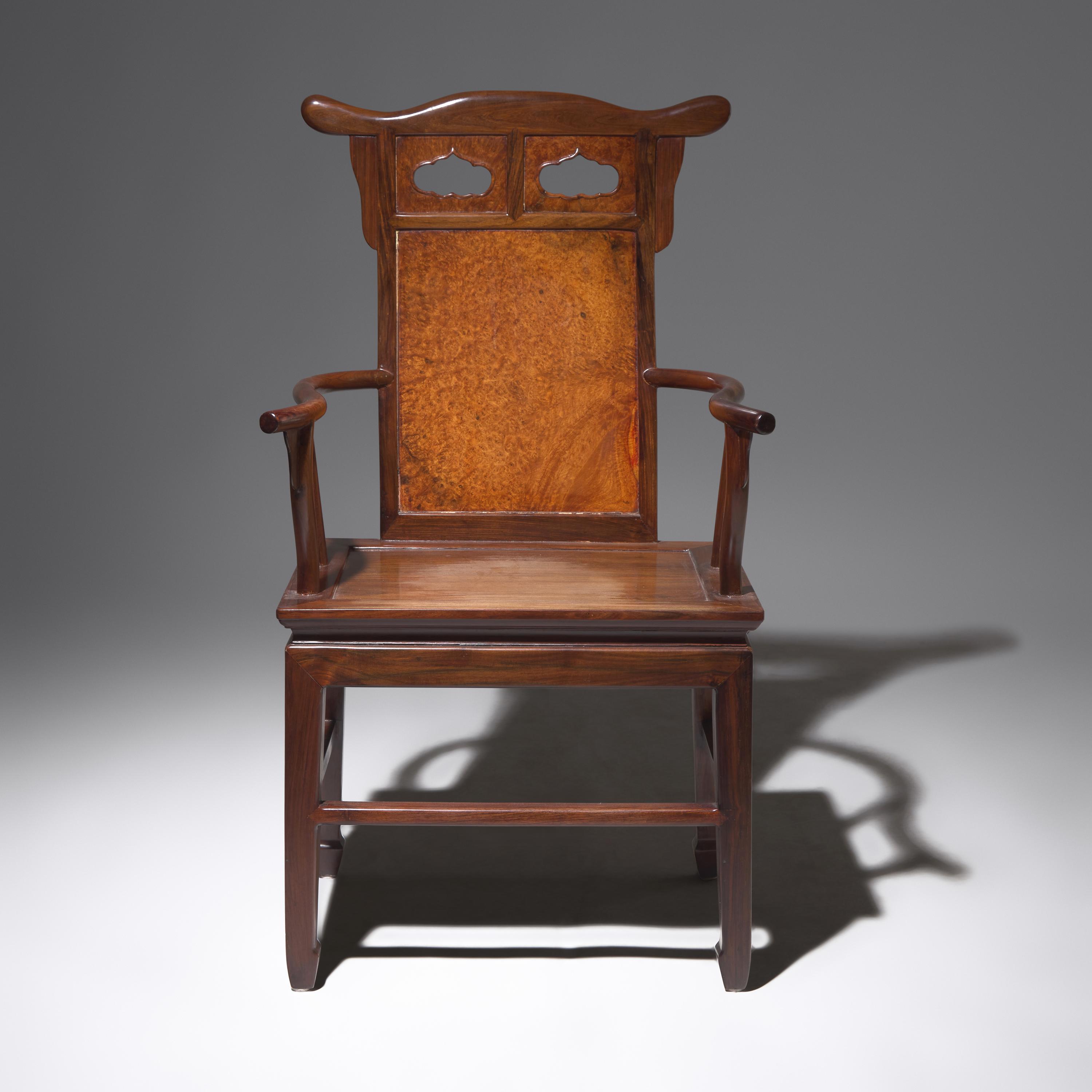 A Chinese Hardwood and Huamu Armchair, Fushouyi, Late 19th to 20th Century 晚清民國 硬木拼樺木扶手椅