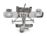 A Silver-Plate Airplane Form Ink-Well and Desk Calendar
