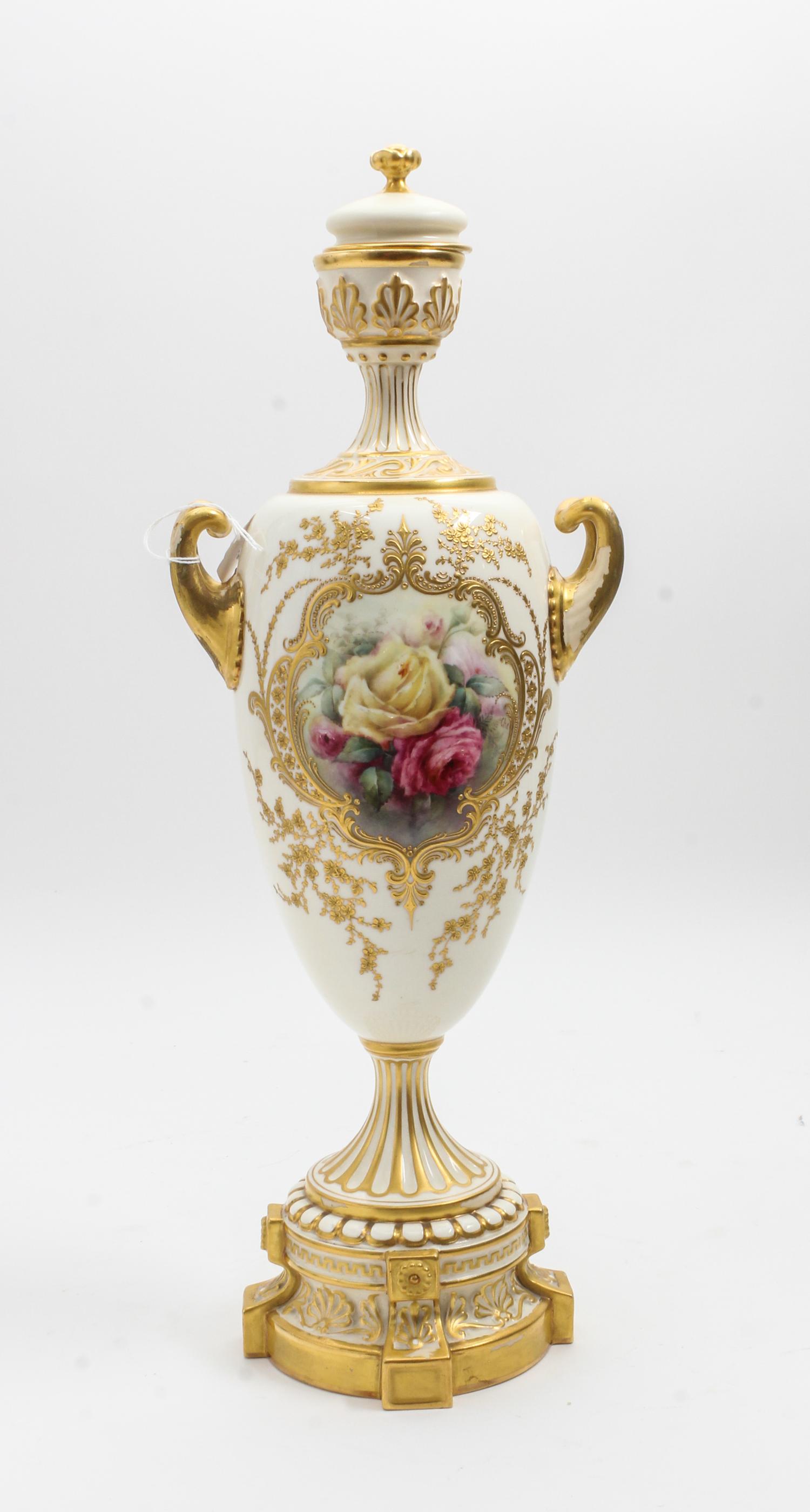 A Royal Worcester Porcelain Covered Vase, H. Chair Height 18 3/4 inches. — 1902