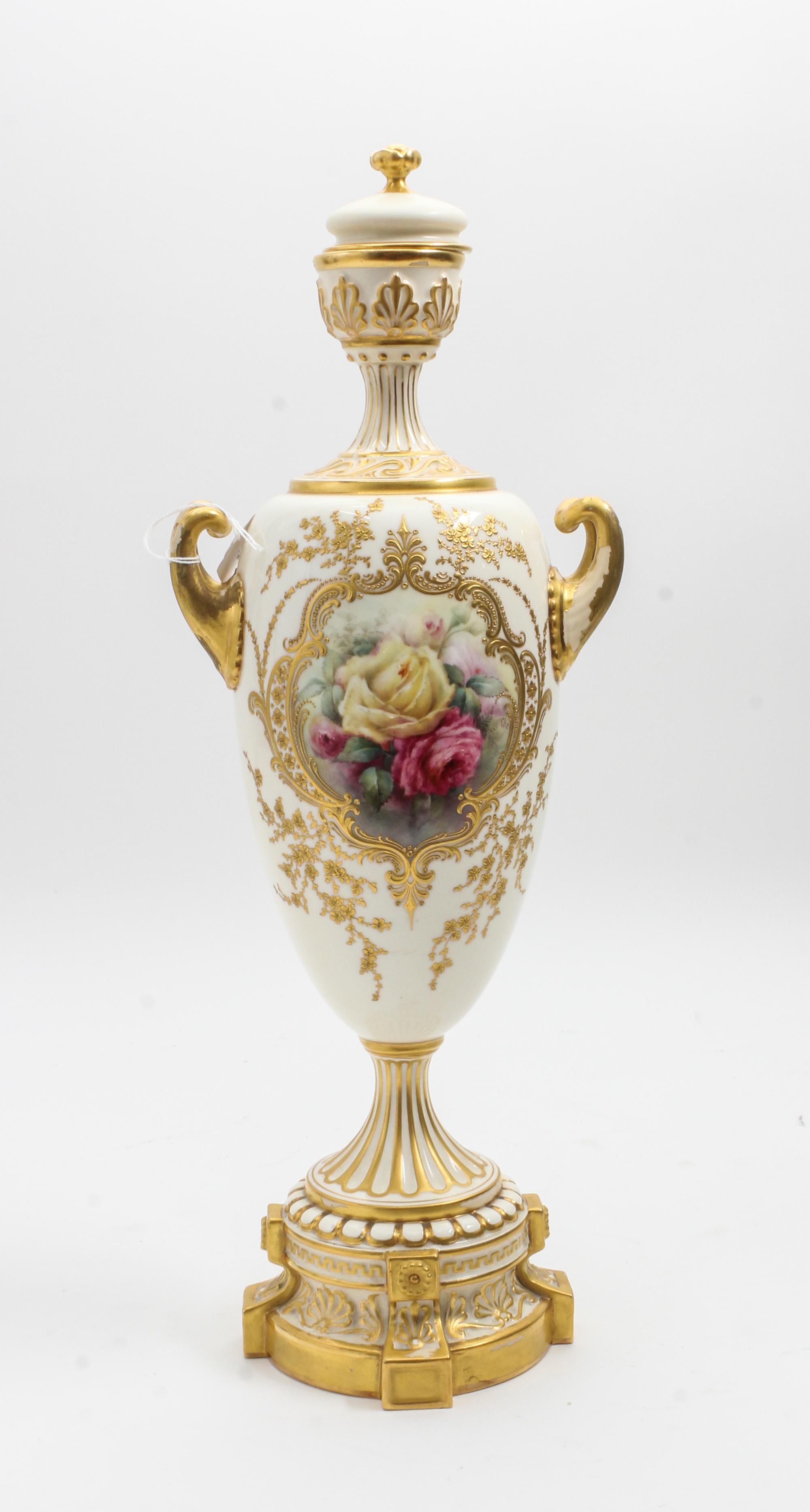 A Royal Worcester Porcelain Covered Vase, H. Chair Height 18 3/4 inches. — 1902