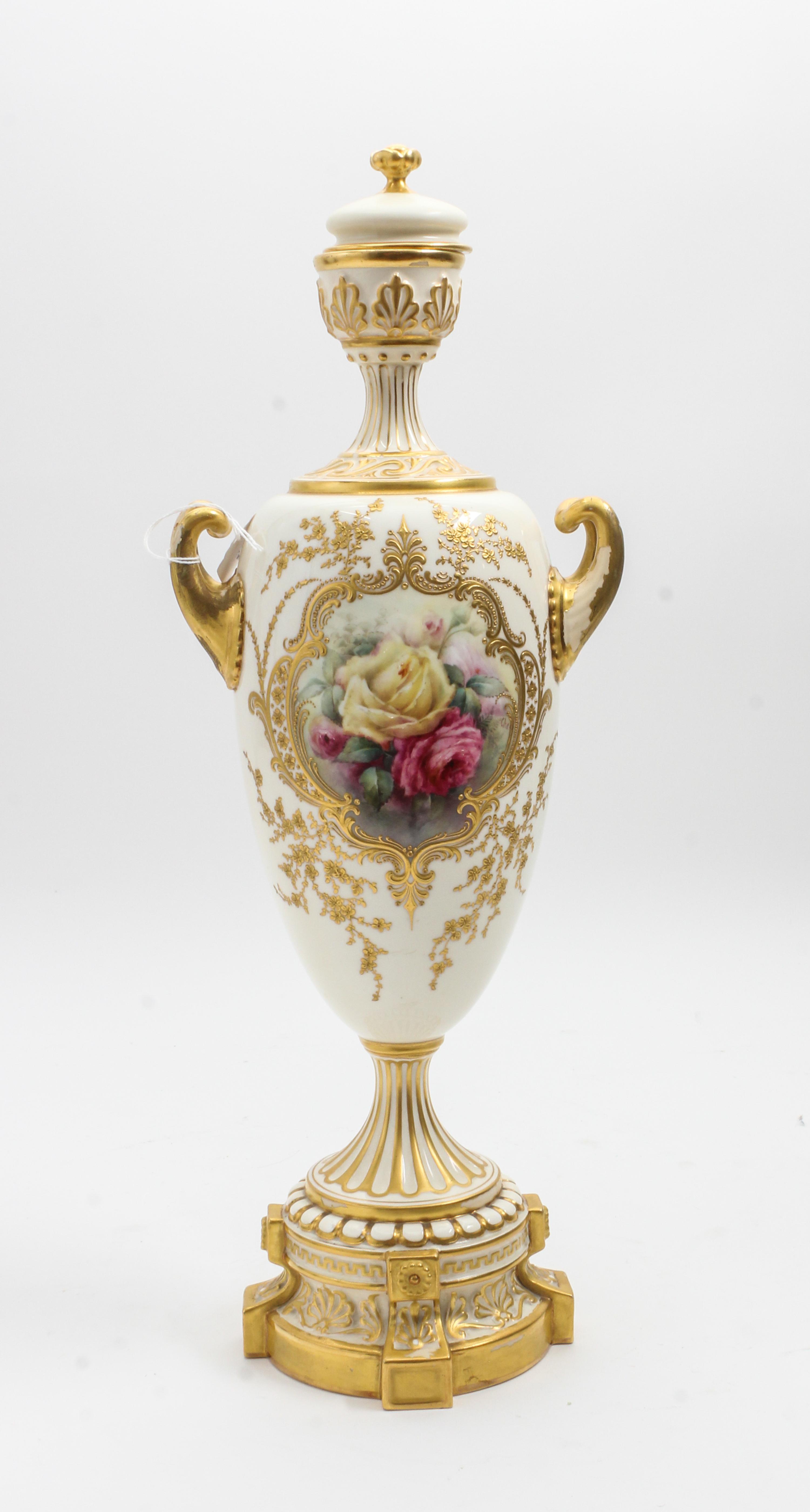 A Royal Worcester Porcelain Covered Vase, H. Chair Height 18 3/4 inches. — 1902