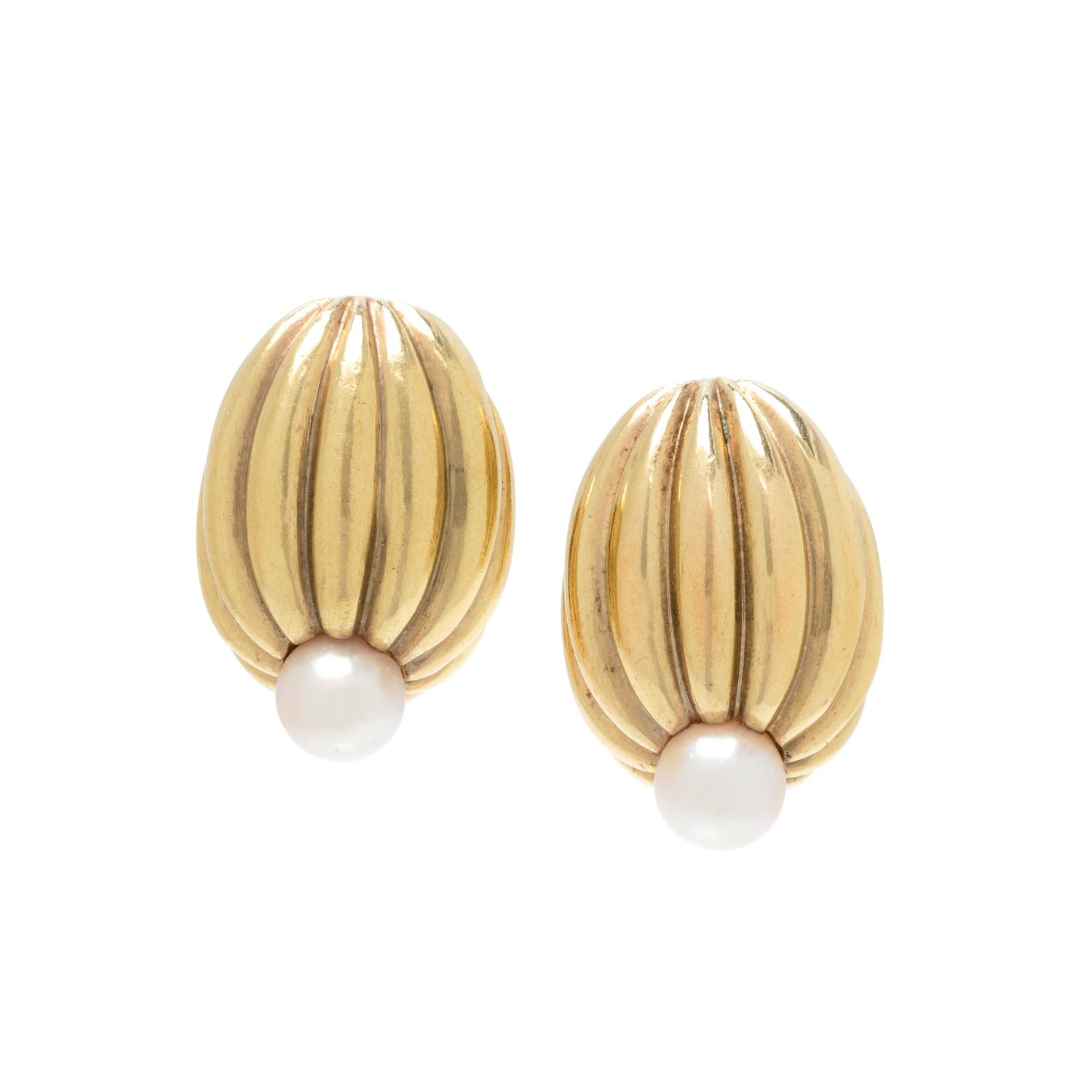 TIFFANY & CO., YELLOW GOLD AND CULTURED PEARL EARCLIPS