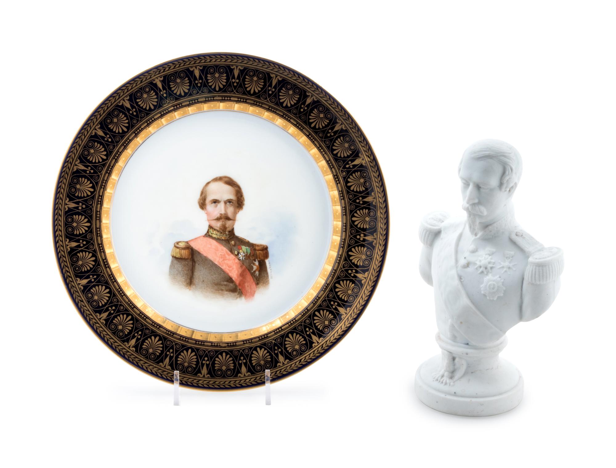A Sèvres Porcelain Cabinet Plate and a Bisque Porcelain Bust Depicting Napoleon III