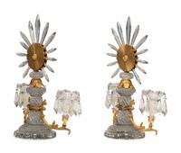 A Pair of Regency Gilt Bronze and Cut Glass Twin-Light Candelabra
