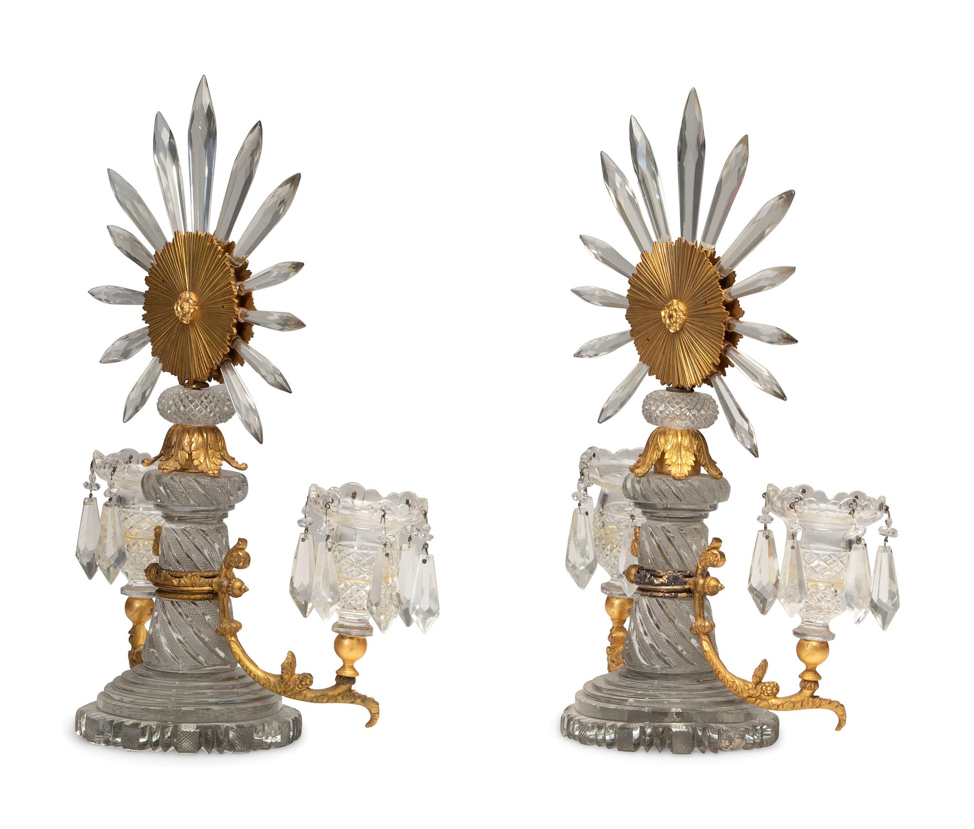 A Pair of Regency Gilt Bronze and Cut Glass Twin-Light Candelabra