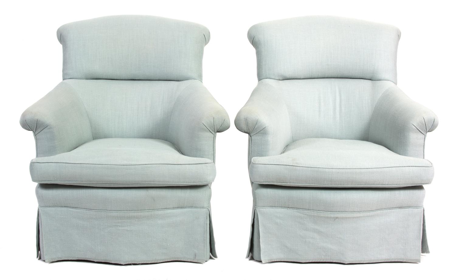 A Pair of Contemporary Blue Linen Upholstered Armchairs and Matching Ottoman Height of chair 36 3/4 inches. — 20TH CENTURY