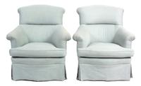 A Pair of Contemporary Blue Linen Upholstered Armchairs and Matching Ottoman Height of chair 36 3/4 inches. — 20TH CENTURY