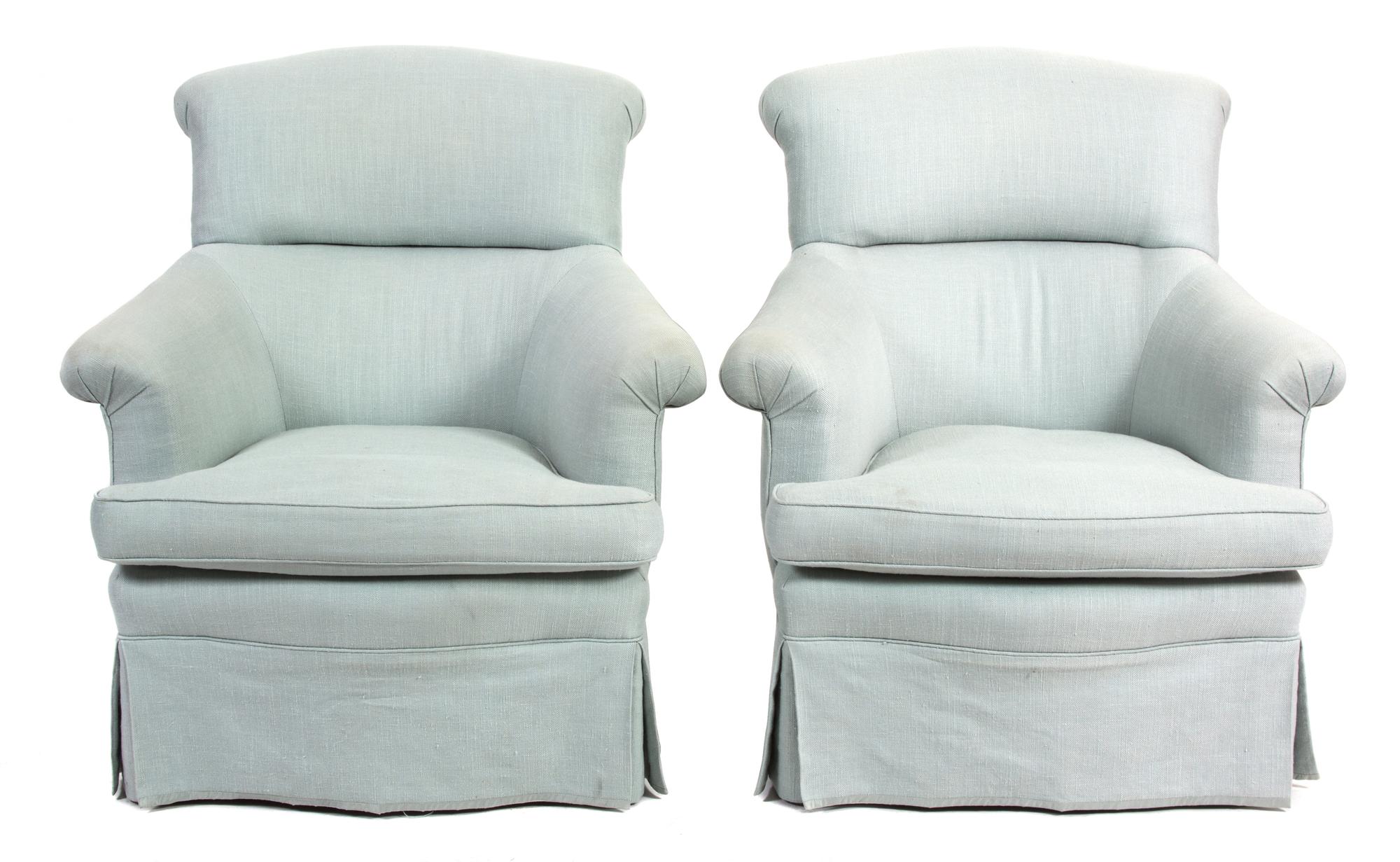 A Pair of Contemporary Blue Linen Upholstered Armchairs and Matching Ottoman Height of chair 36 3/4 inches. — 20TH CENTURY