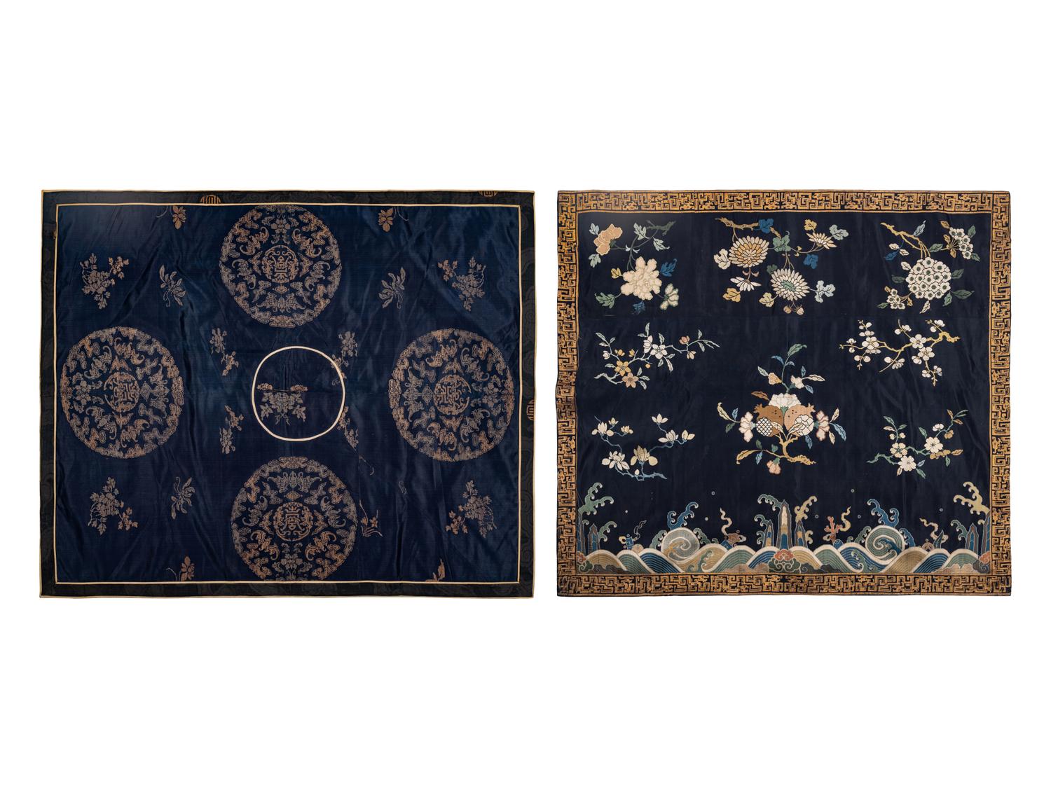 Two Chinese Blue Ground Embroidered Silk Panels