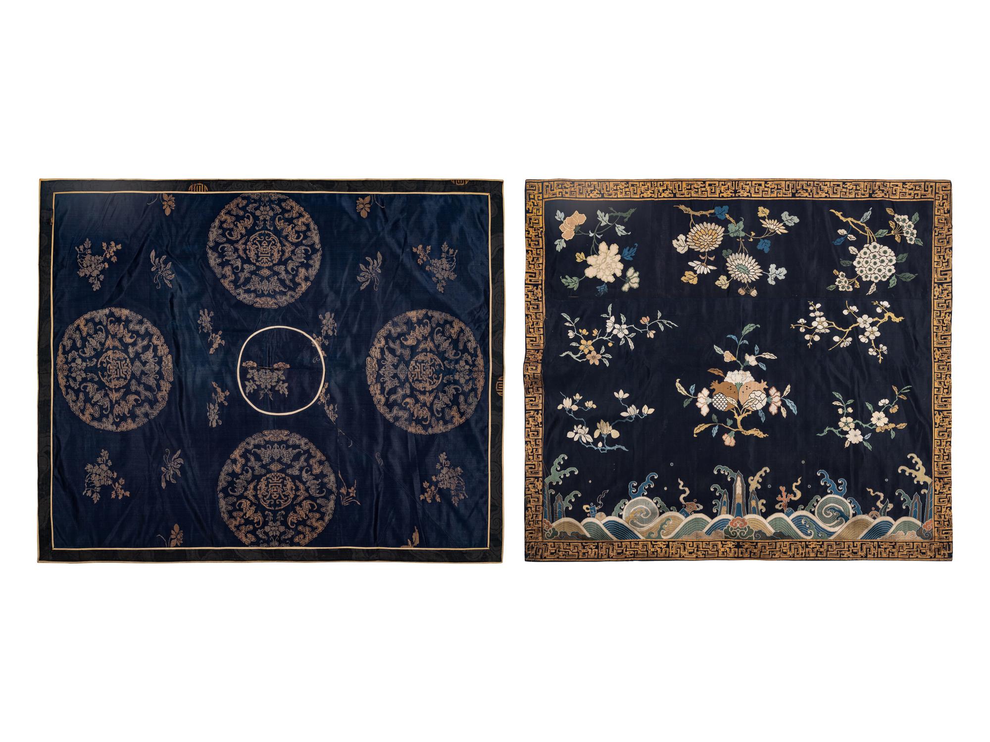 Two Chinese Blue Ground Embroidered Silk Panels