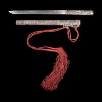 A Sino-Tibetan or Mongolian Embellished Silver Knife and Scabbard 藏漢或蒙古 嵌寶銀匕首一幅