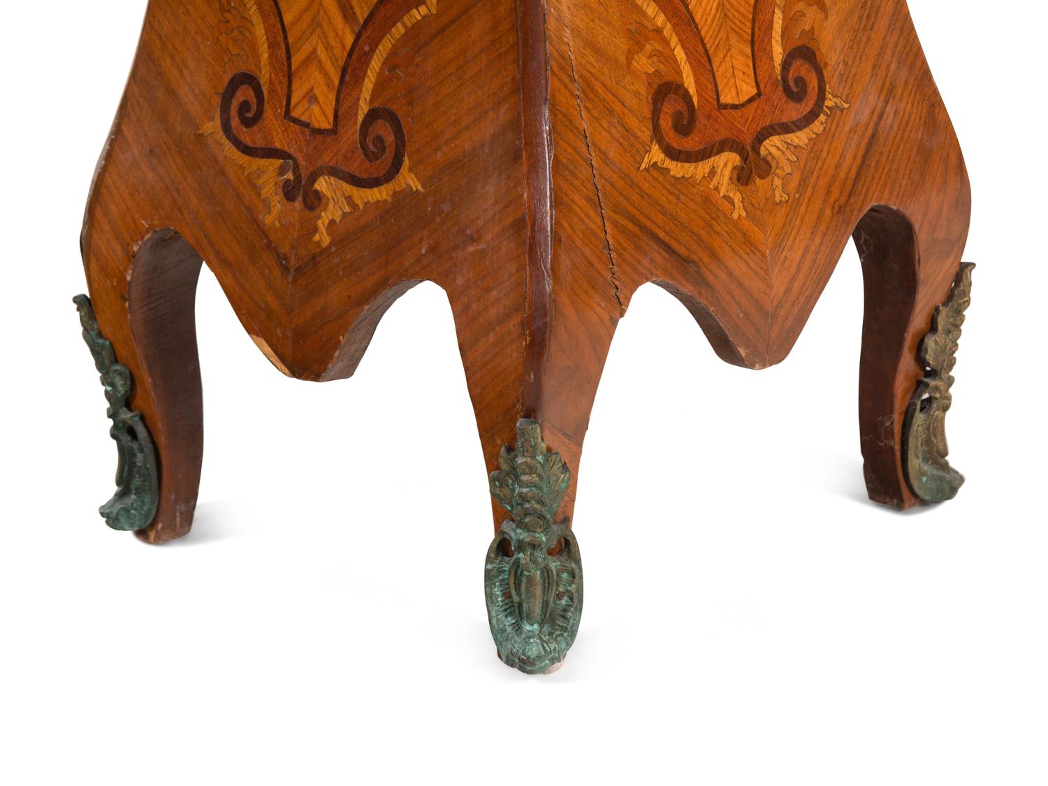 A Louis XV Style Gilt Bronze Mounted Marquetry Marble-Top Pedestal
