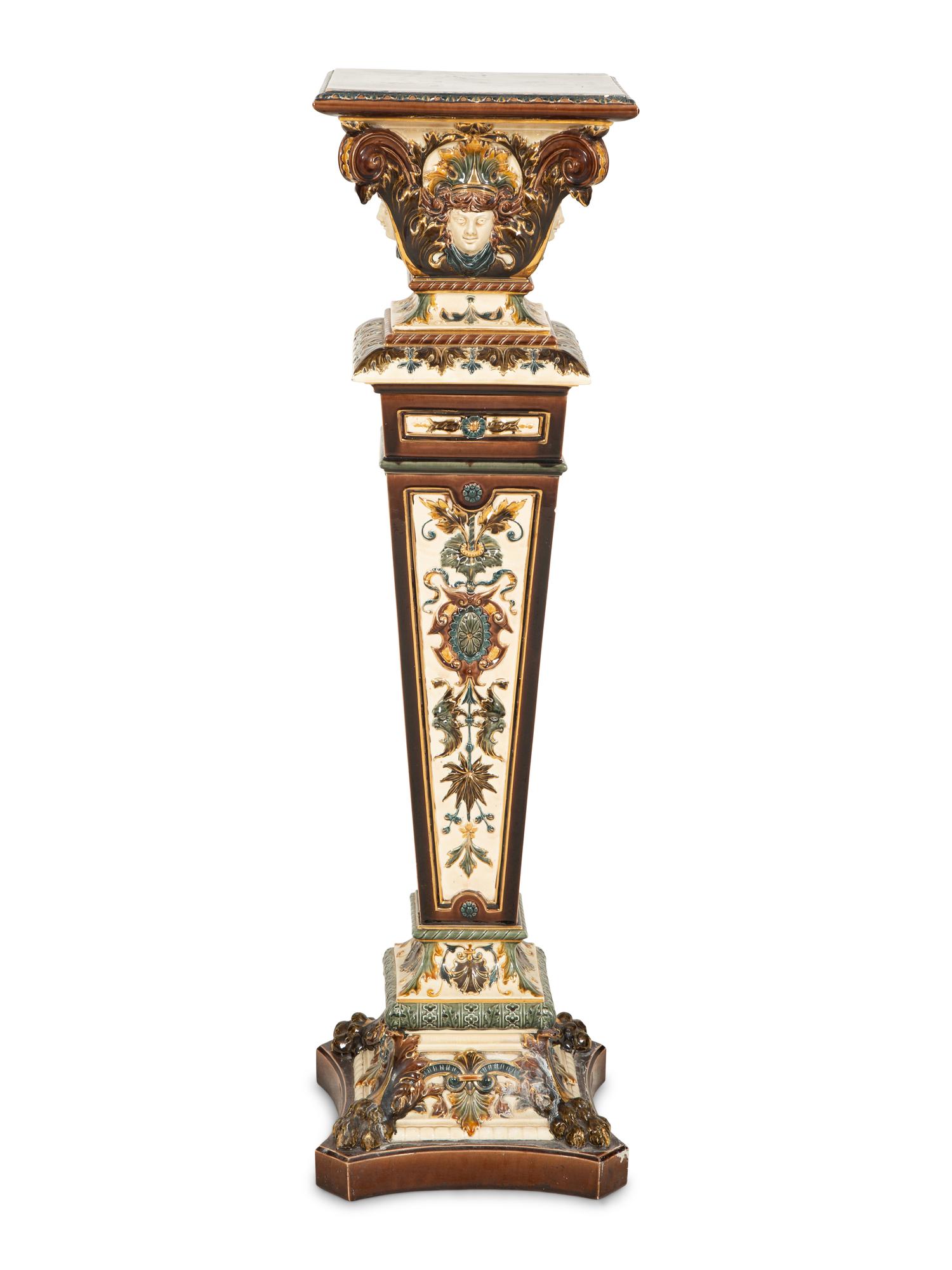 Continental Renaissance Revival Tin and Lustre-Glazed Earthenware Pedestal