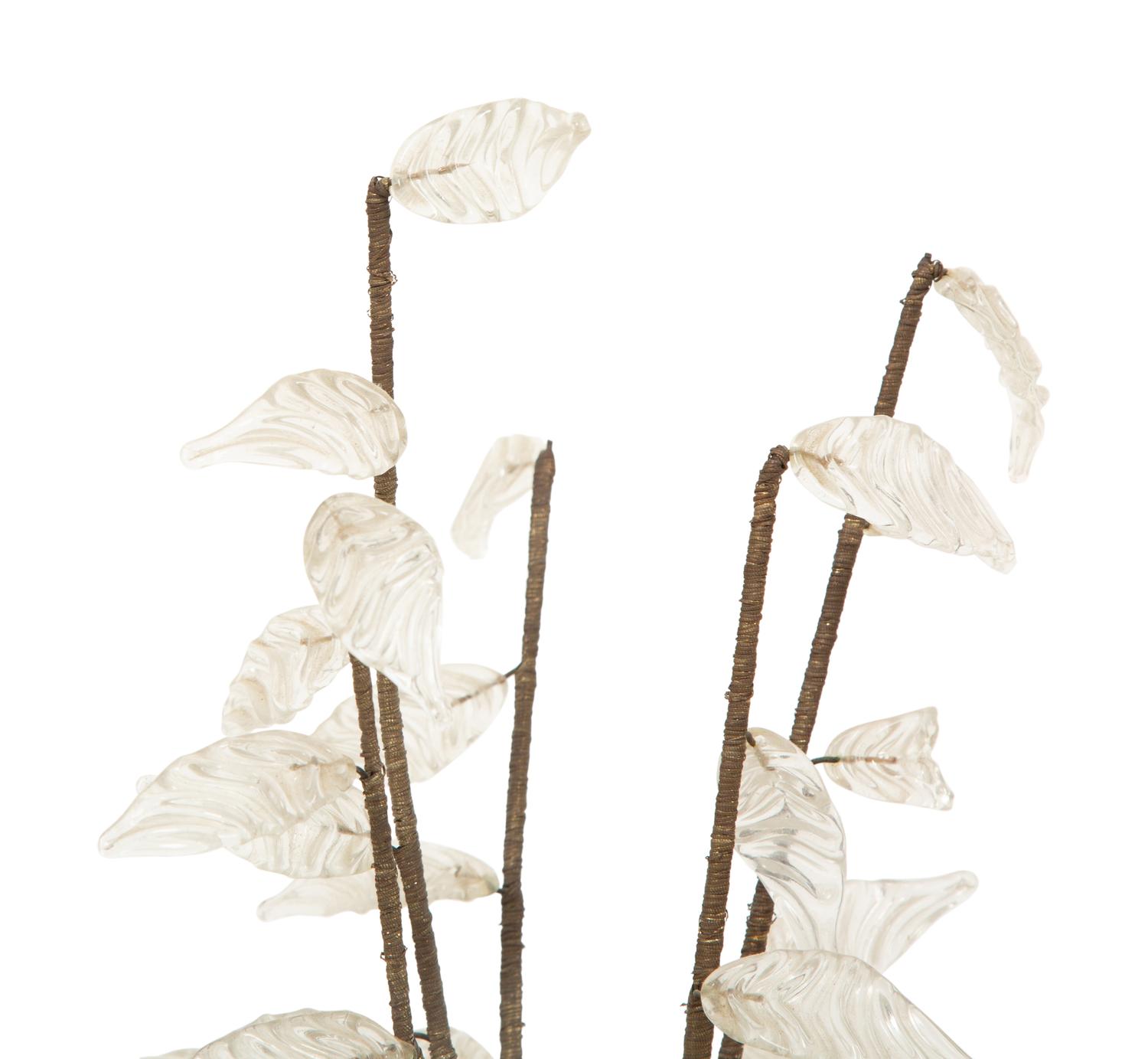 A Pair of Silvered Metal Urns with Glass Foliage