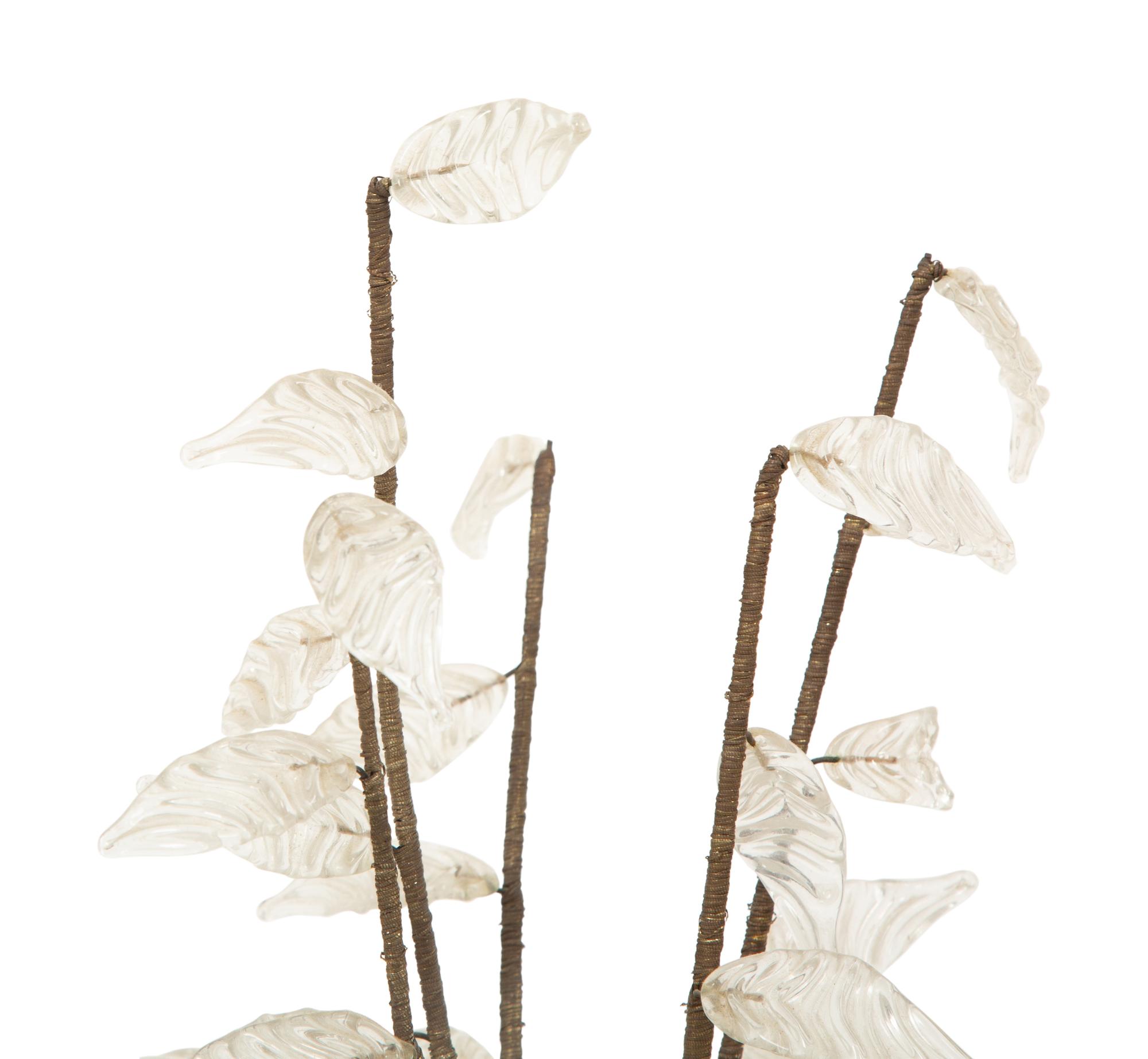 A Pair of Silvered Metal Urns with Glass Foliage