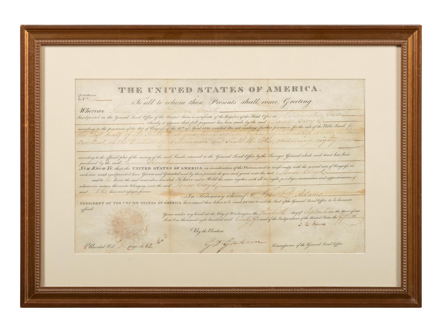 ADAMS, John Quincy (1767-1848). Partly-printed land document signed "(J.Q. Adams"). [Washignton, D.C.], 13 September 1825.
