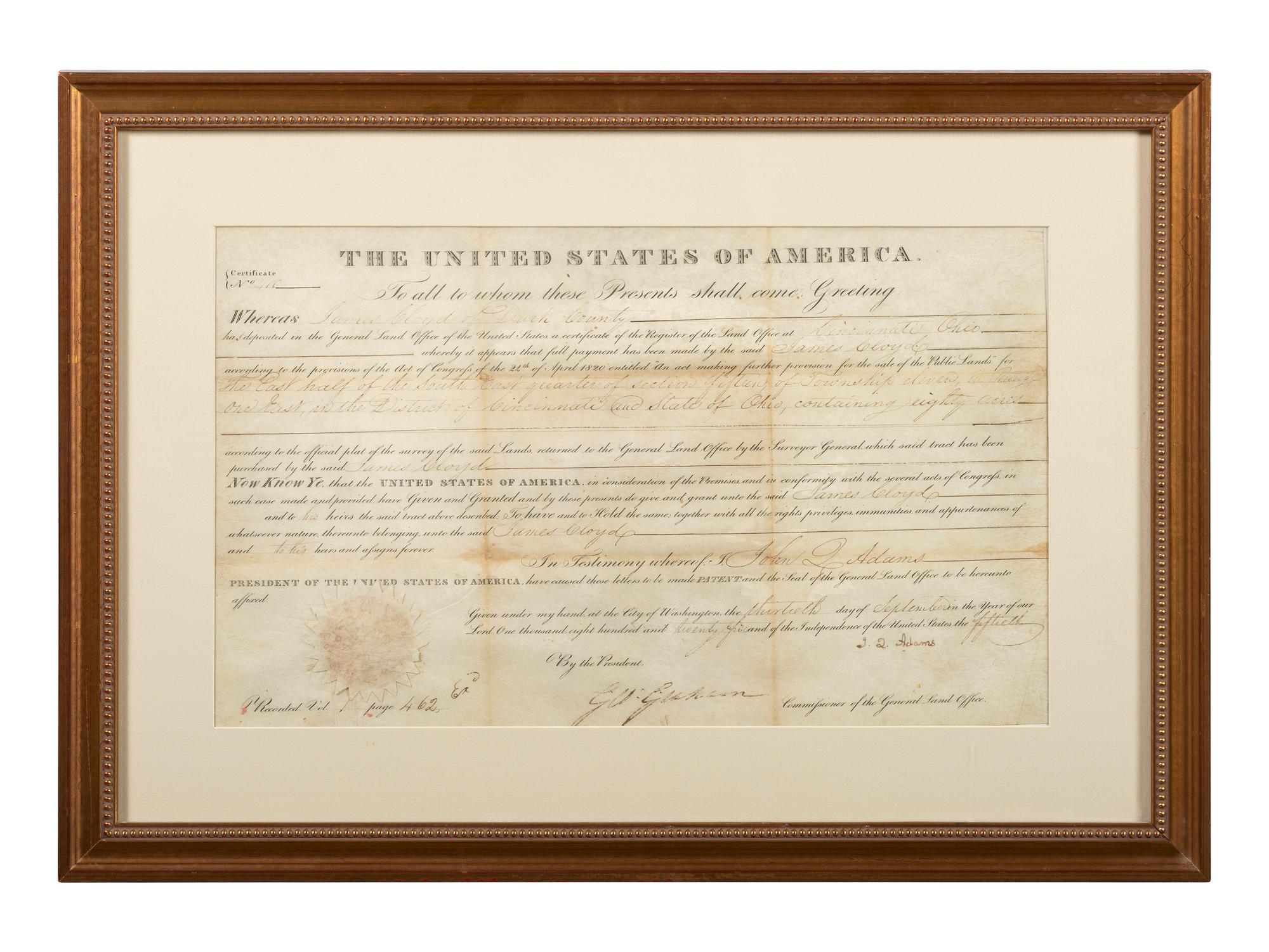 ADAMS, John Quincy (1767-1848). Partly-printed land document signed "(J.Q. Adams"). [Washignton, D.C.], 13 September 1825.