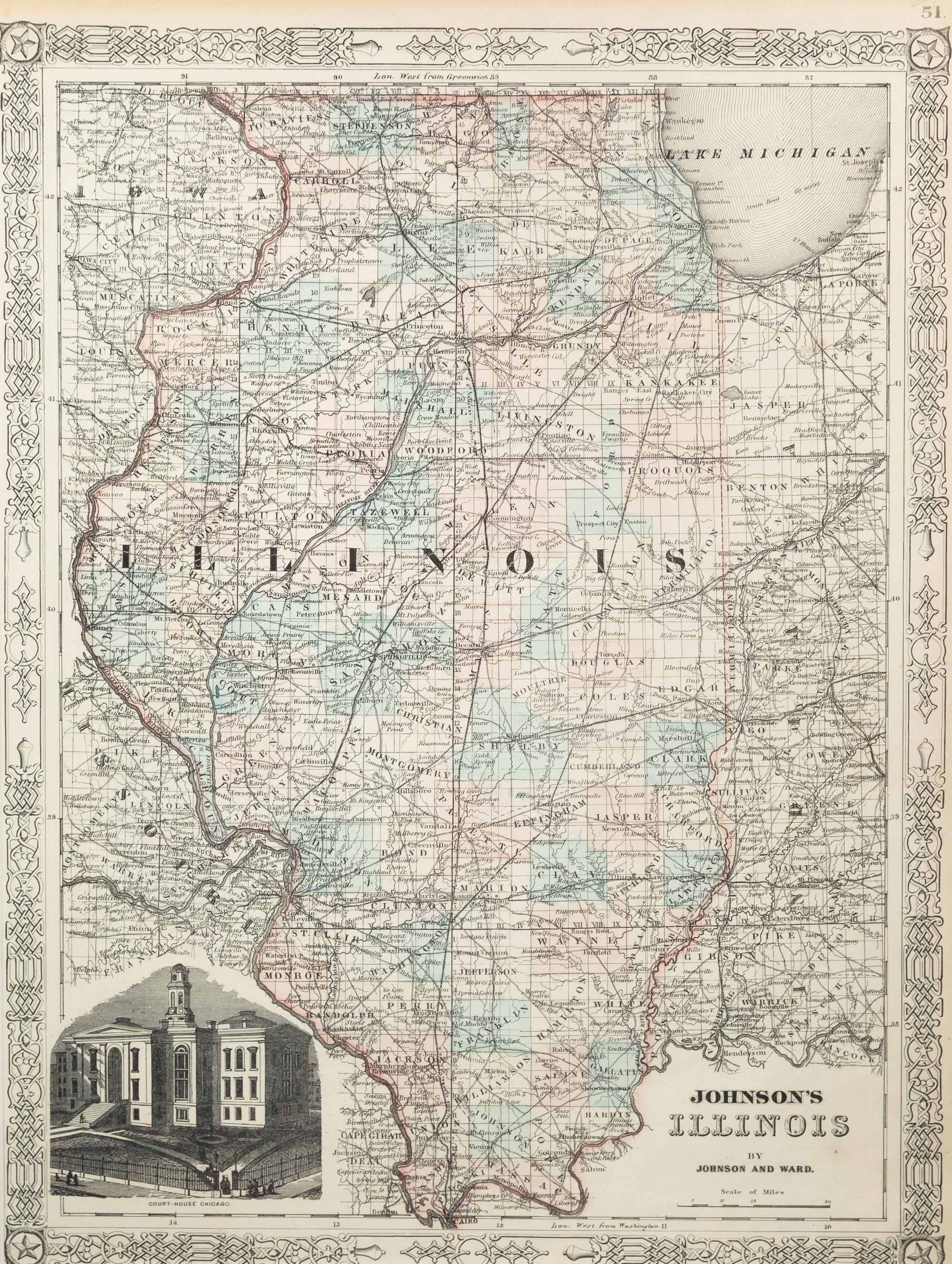[MAPS OF CHICAGO AND ILLINOIS]. A group of 4 maps and bird's-eye views of Chicago.