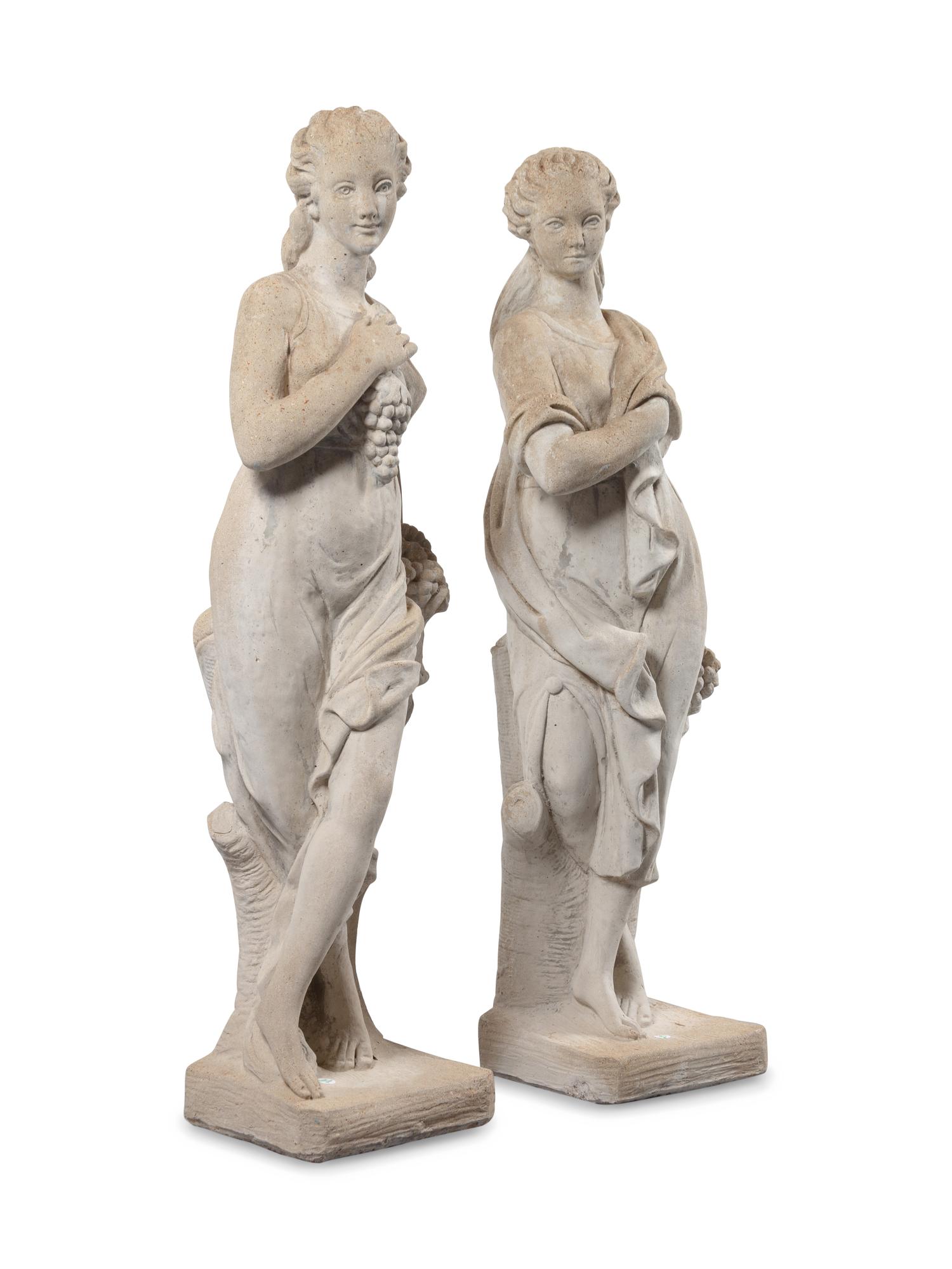 A Pair of Neoclassical Style Cast Stone Figures of Bacchic Maidens on Stands
