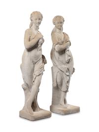 A Pair of Neoclassical Style Cast Stone Figures of Bacchic Maidens on Stands