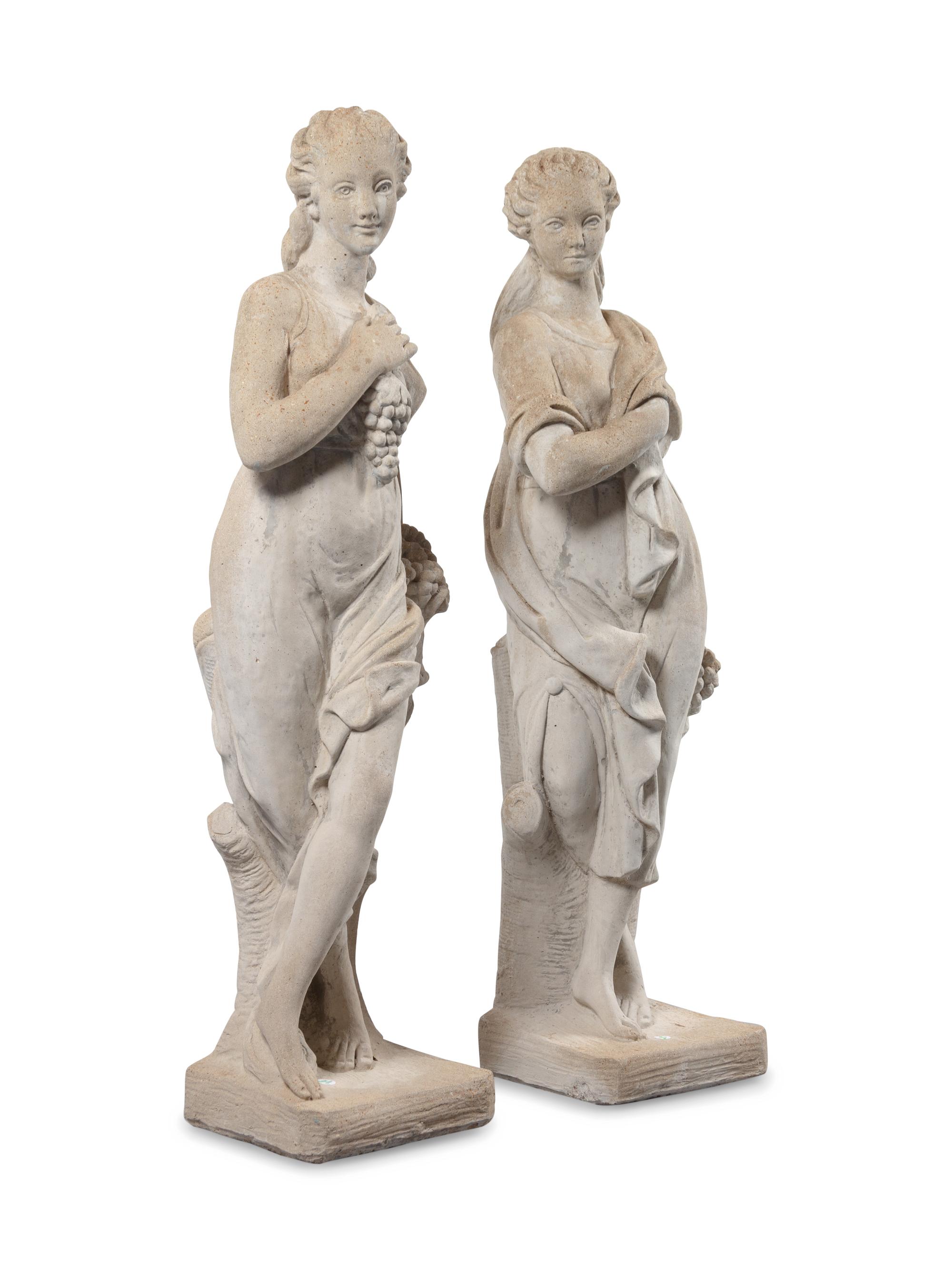A Pair of Neoclassical Style Cast Stone Figures of Bacchic Maidens on Stands
