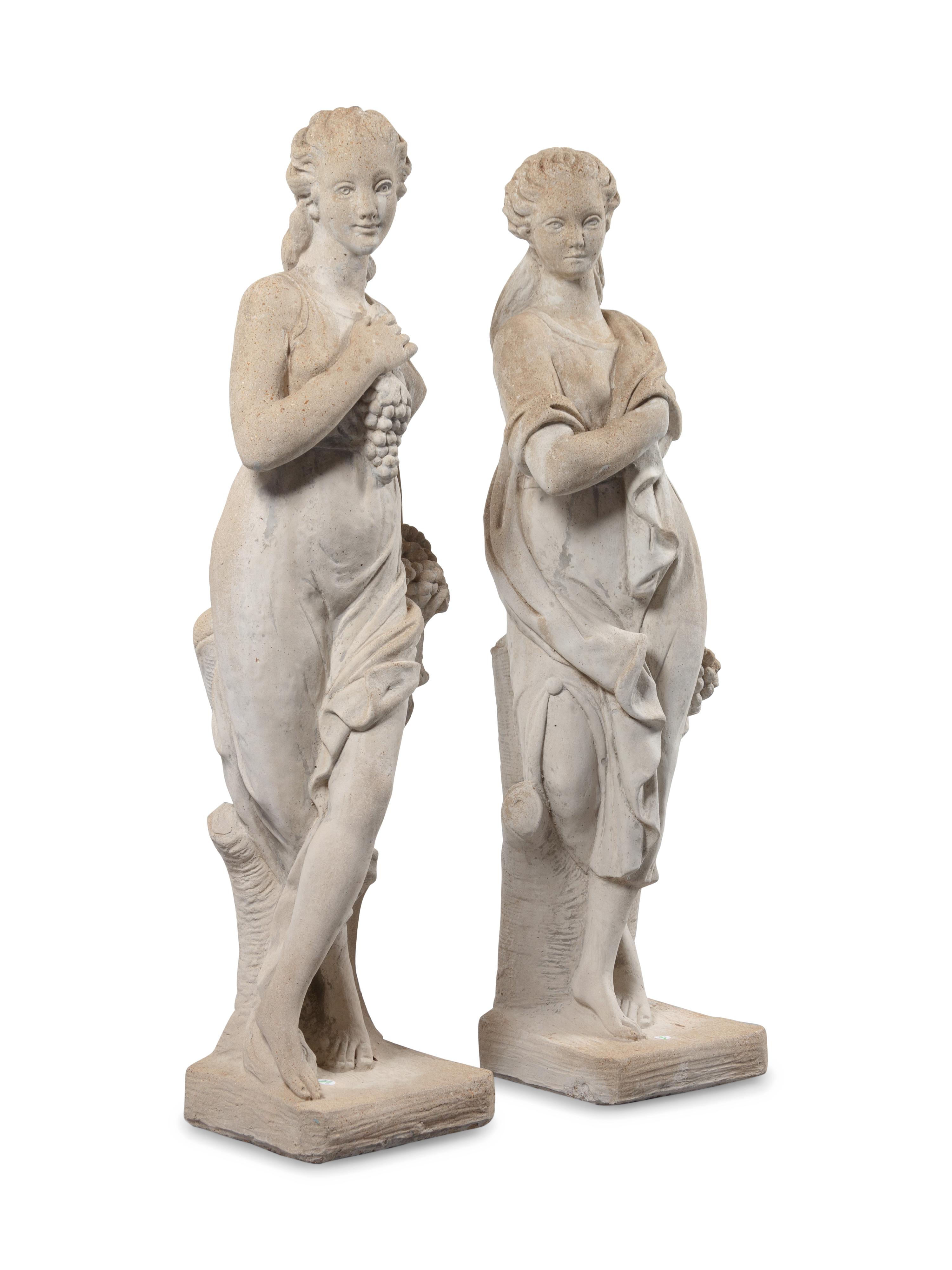 A Pair of Neoclassical Style Cast Stone Figures of Bacchic Maidens on Stands