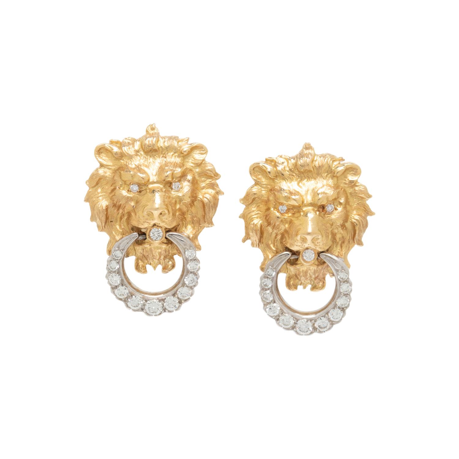 BICOLOR GOLD AND DIAMOND LION DOOR KNOCKER EARRINGS