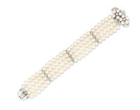 A White Gold, Diamond and Cultured Pearl Multi Strand Bracelet,