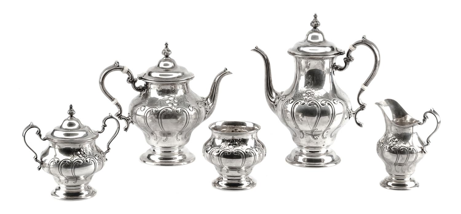 An American Silver Five-Piece Tea and Coffee Service, Gorham Mfg. Co., Providence, RI, Chantilly-Countess pattern, comprising a teapot,