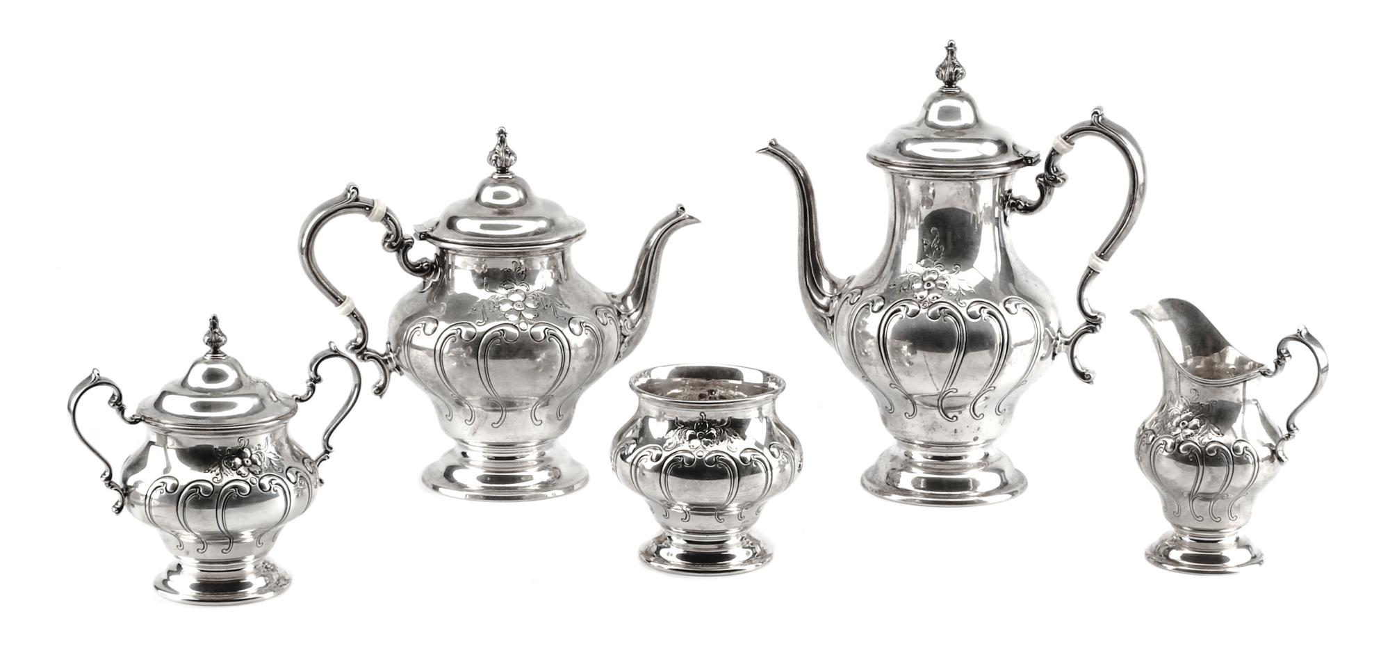 An American Silver Five-Piece Tea and Coffee Service, Gorham Mfg. Co., Providence, RI, Chantilly-Countess pattern, comprising a teapot,