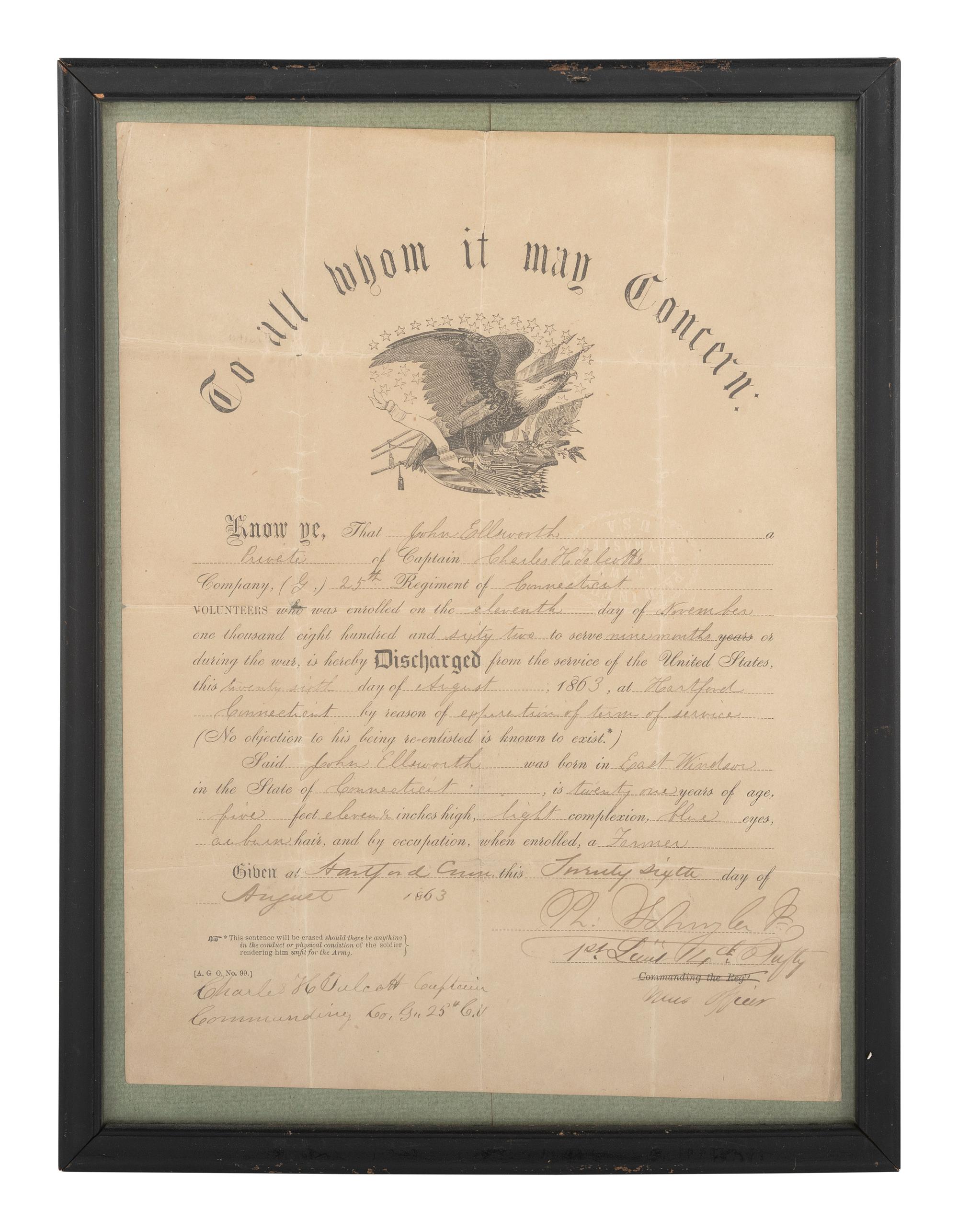 [CIVIL WAR]. John Ellsworth, Co. G, 25th Connecticut Infantry, discharge and certificate of record.