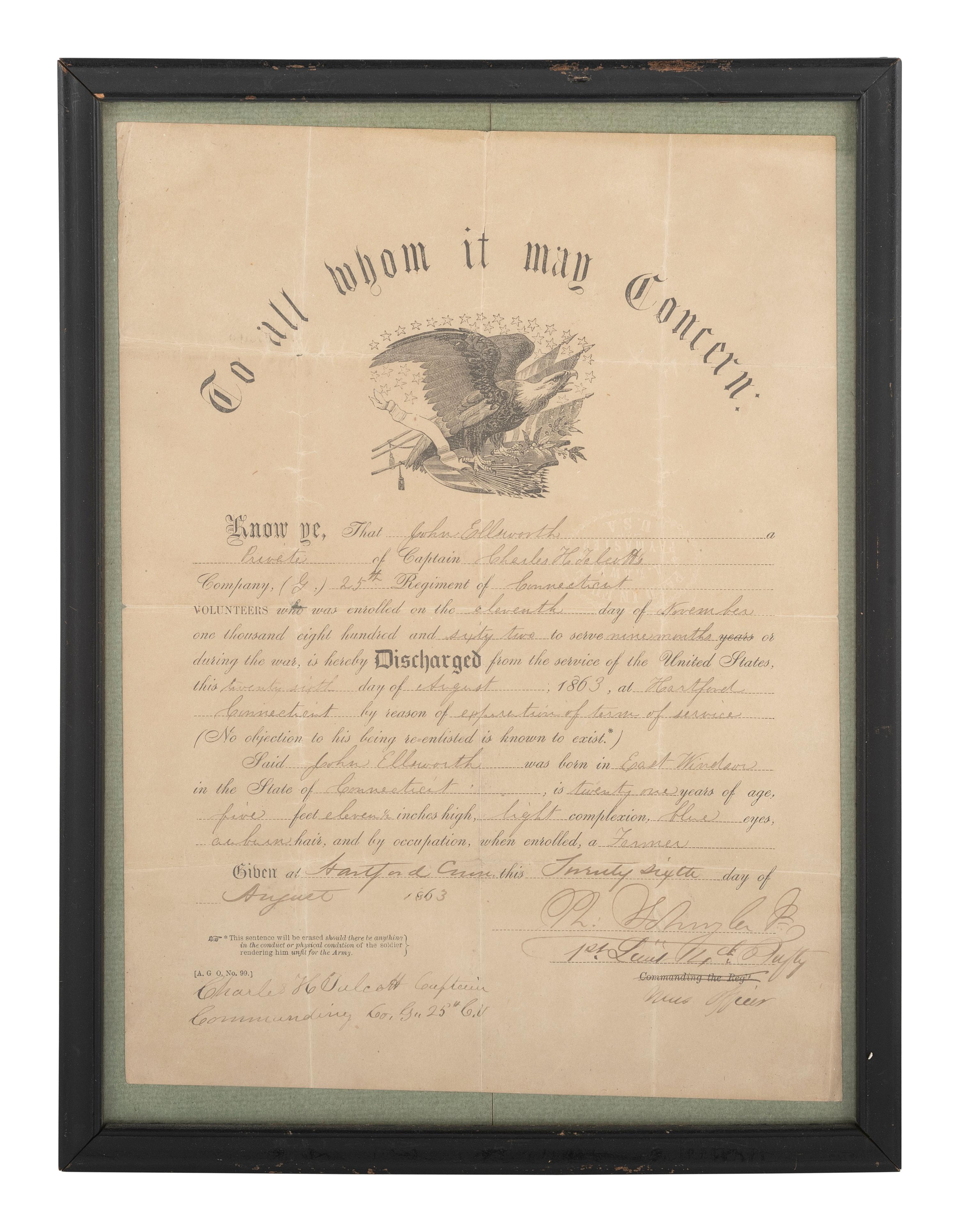 [CIVIL WAR]. John Ellsworth, Co. G, 25th Connecticut Infantry, discharge and certificate of record.