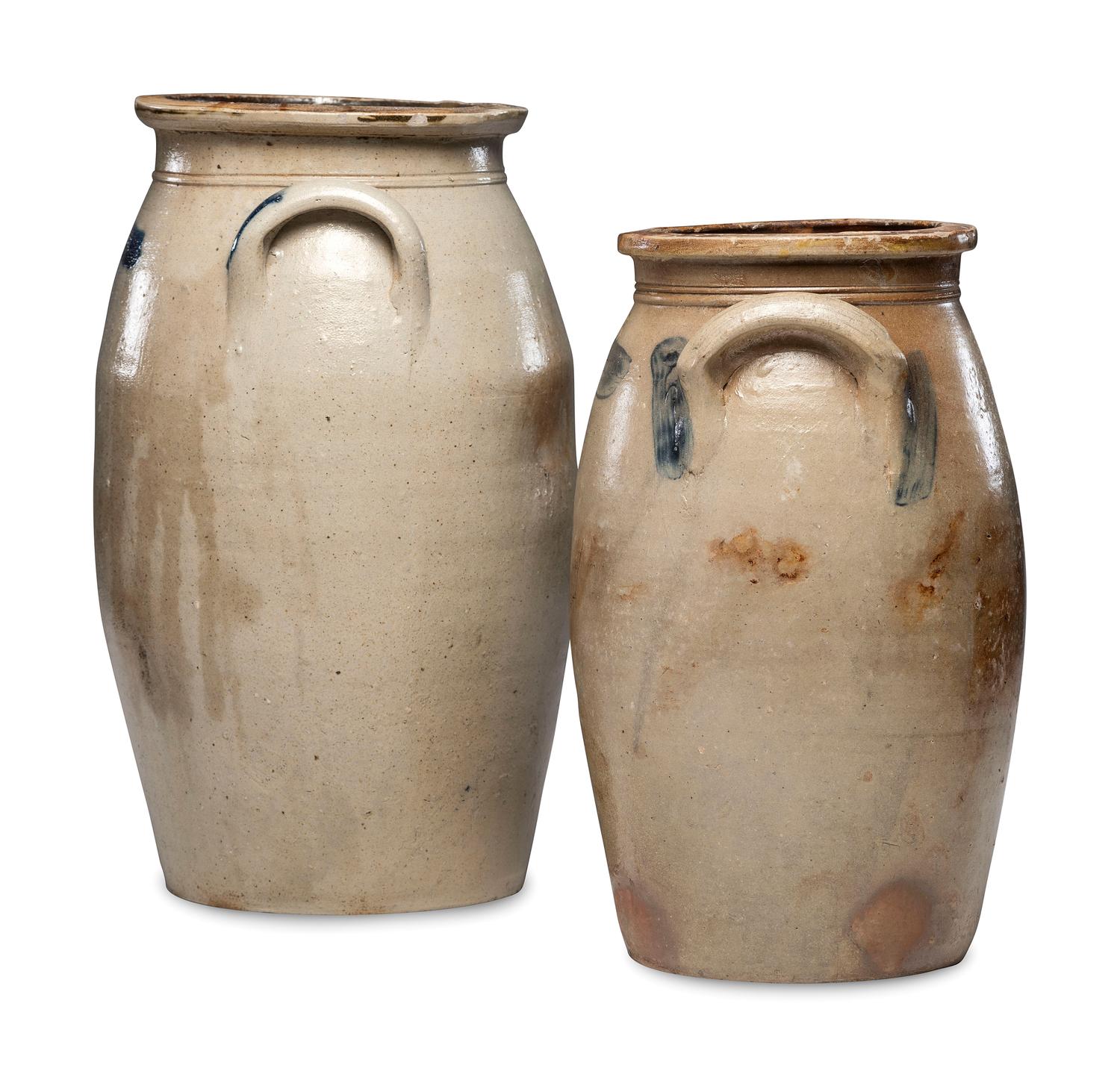 Two Ovoid Stoneware Crocks or Churns