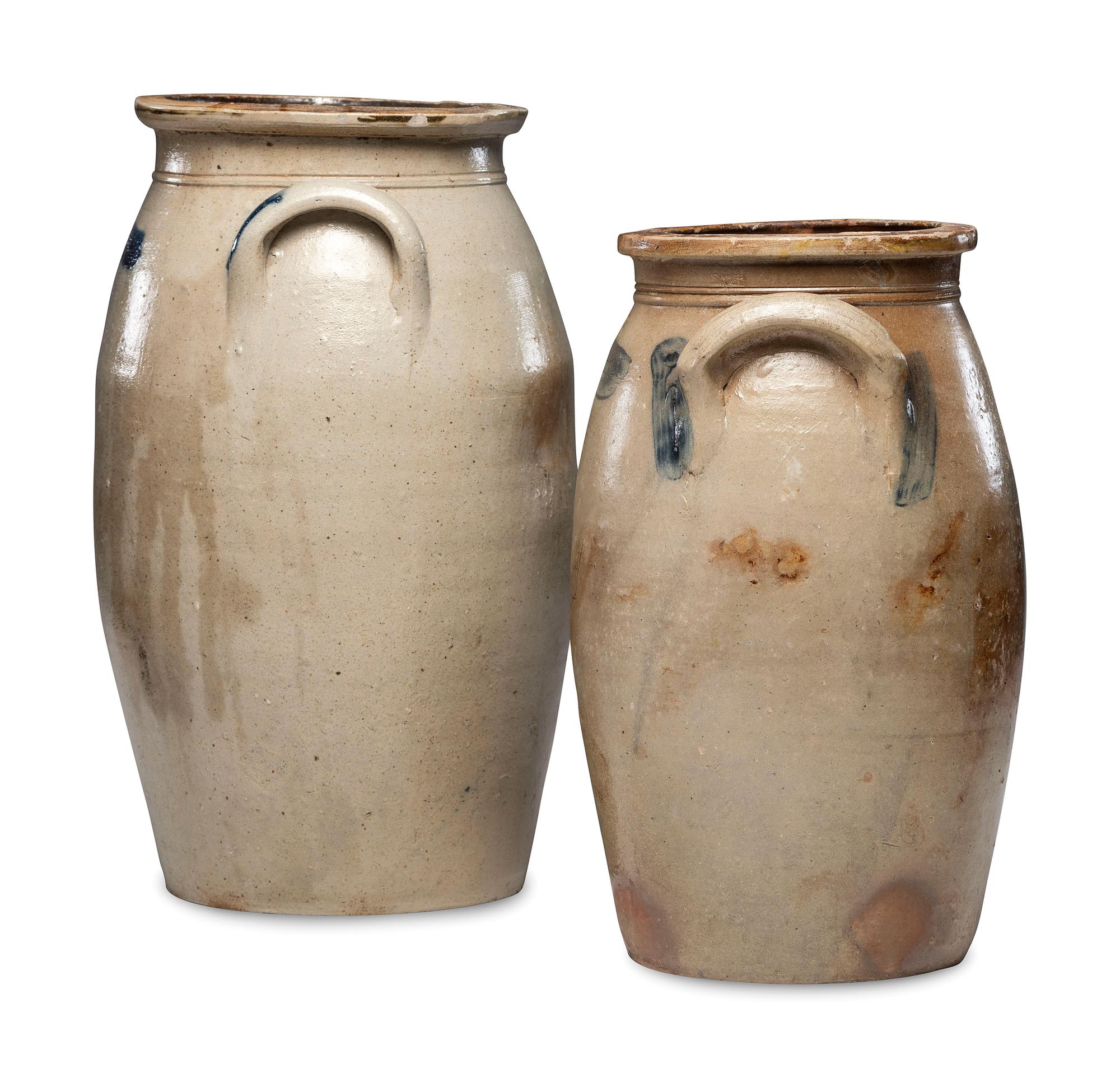 Two Ovoid Stoneware Crocks or Churns