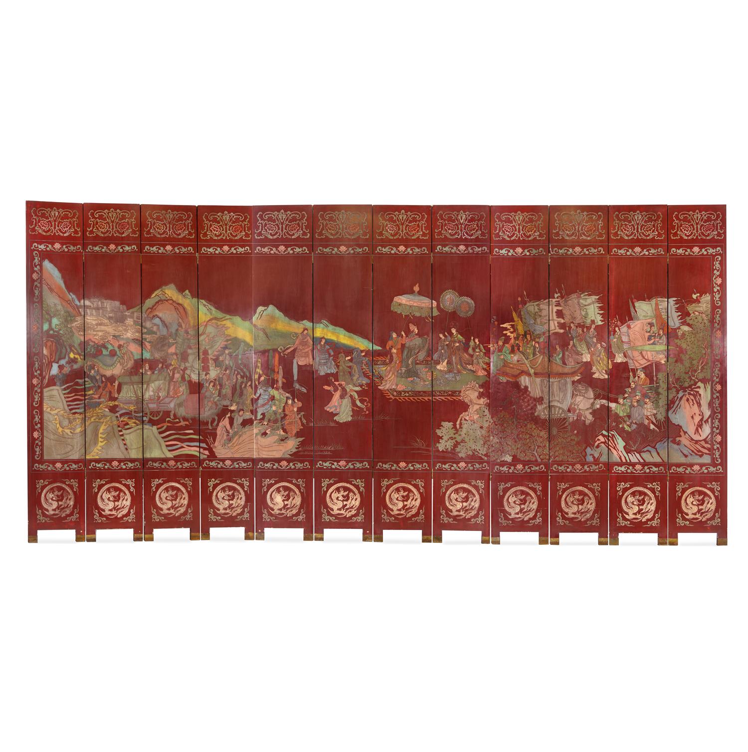 A Twelve-Panel Red Lacquered Coromandel Floor Screen