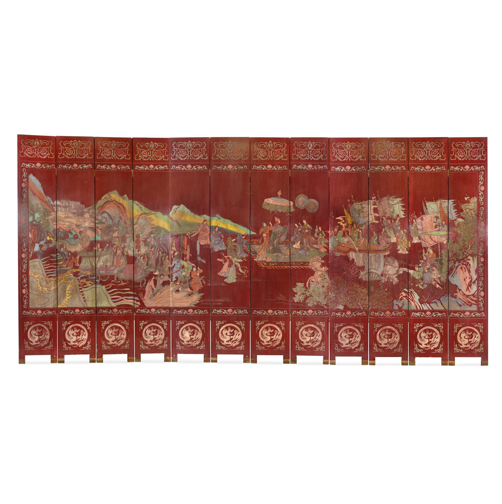 A Twelve-Panel Red Lacquered Coromandel Floor Screen