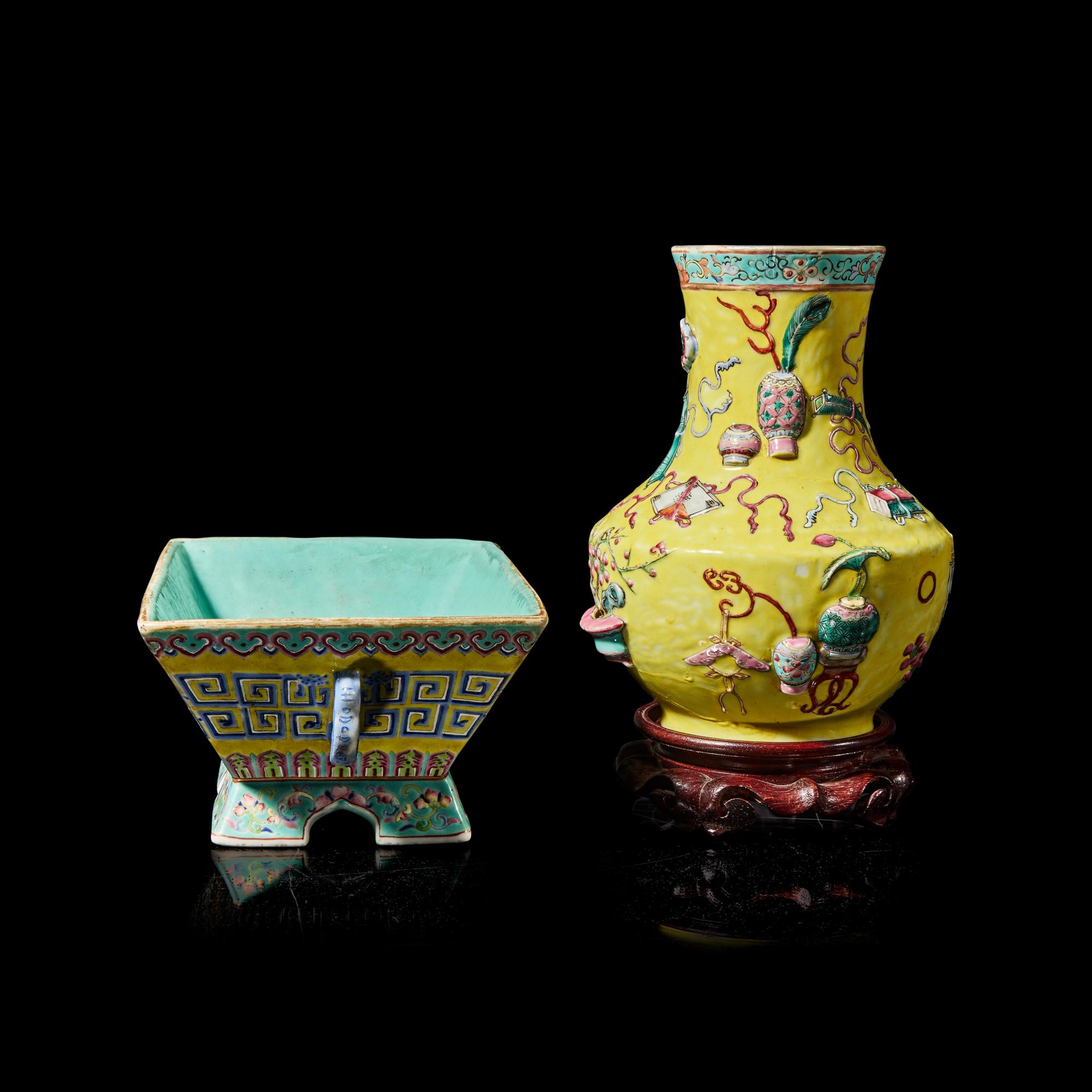 Two Chinese Yellow Ground Famille Rose Porcelain Wares, 19th Century 晚清 黃地粉彩貼塑博古圖瓶及仿古回紋 簠各一