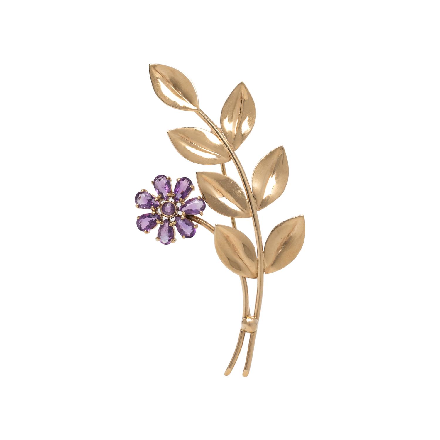 WORDLEY, ALLSOP & BLISS, TIFFANY & CO., YELLOW GOLD AND AMETHYST FLOWER BROOCH